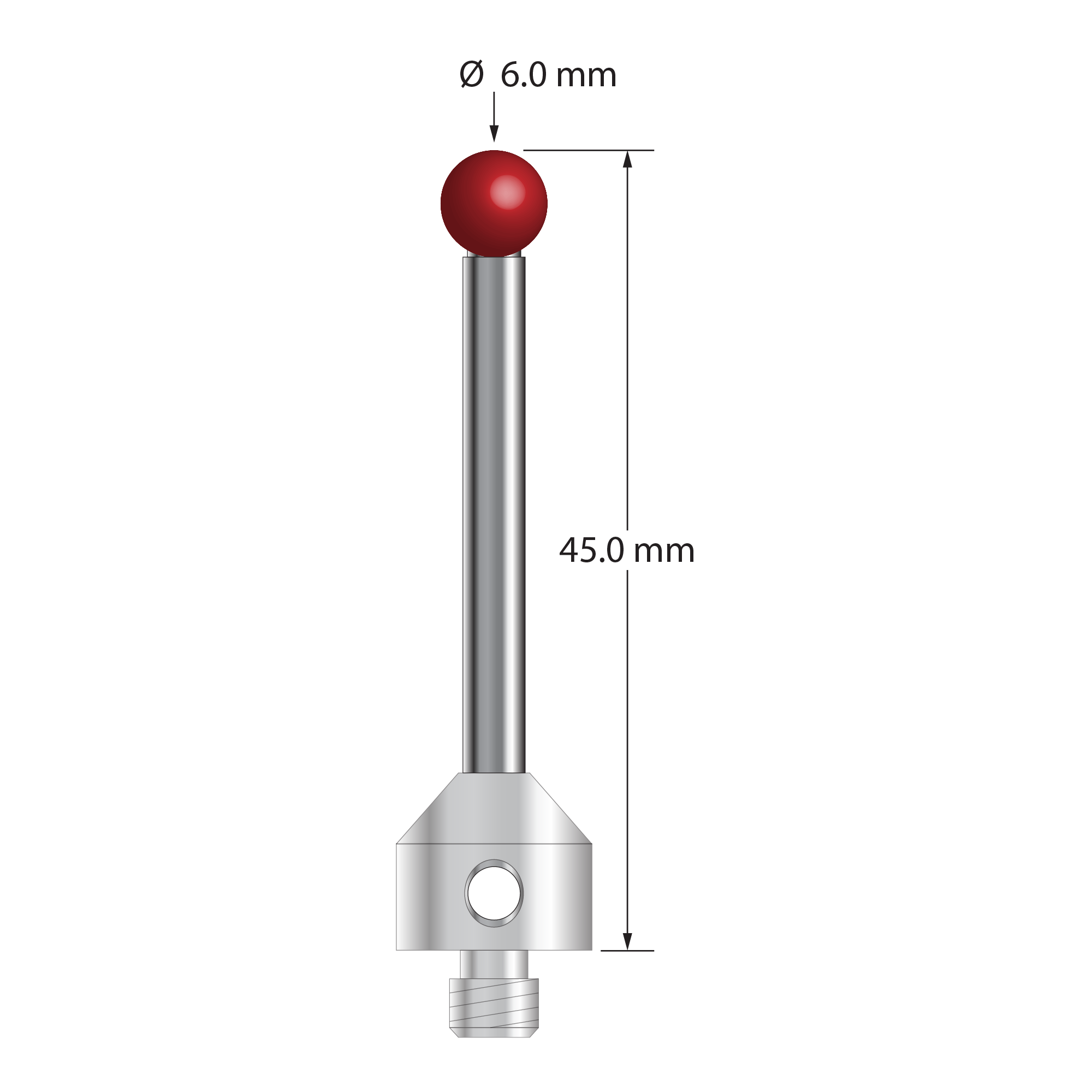 M5 stylus with 6.0 mm diameter ruby ball, 3.5 mm diameter carbide stem, and 11.0 mm diameter x 10.0 mm long stainless steel base. Overall stylus length is 45.0 mm. Stylus weight is 11.36 grams. Compare to Zeiss 626105-0614-045.