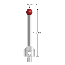M5 stylus with 6.0 mm diameter ruby ball, 3.5 mm diameter carbide stem, and 11.0 mm diameter x 10.0 mm long stainless steel base. Overall stylus length is 45.0 mm. Stylus weight is 11.36 grams. Compare to Zeiss 626105-0614-045.