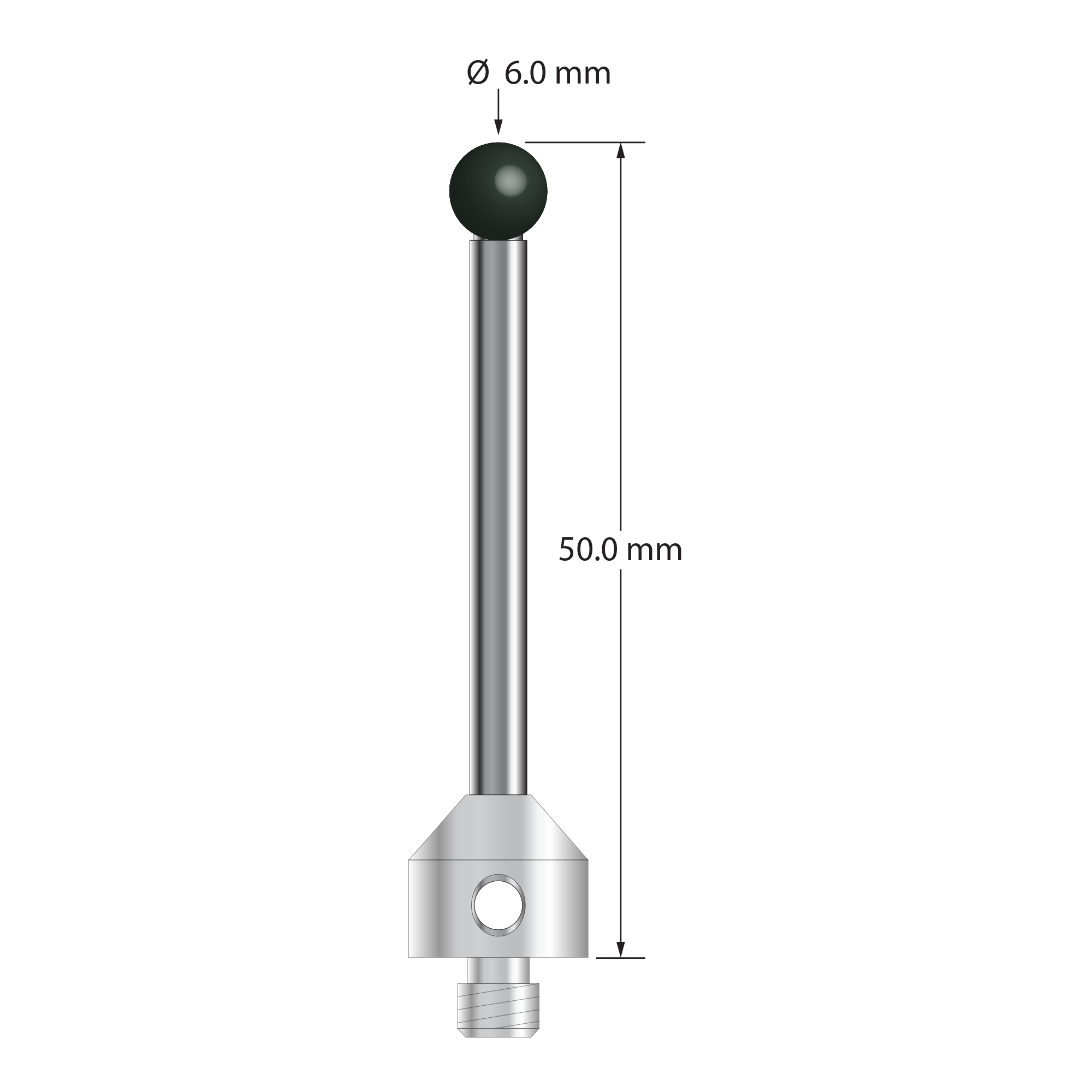 M5 stylus with 6.0 mm diameter silicon nitride ball, 4.0 mm diameter carbide stem, and 11.0 mm diameter x 10.0 mm long stainless steel base. Overall stylus length is 50.0 mm. Stylus weight is 13.09 grams. Compare to Zeiss 626115-0603-050.