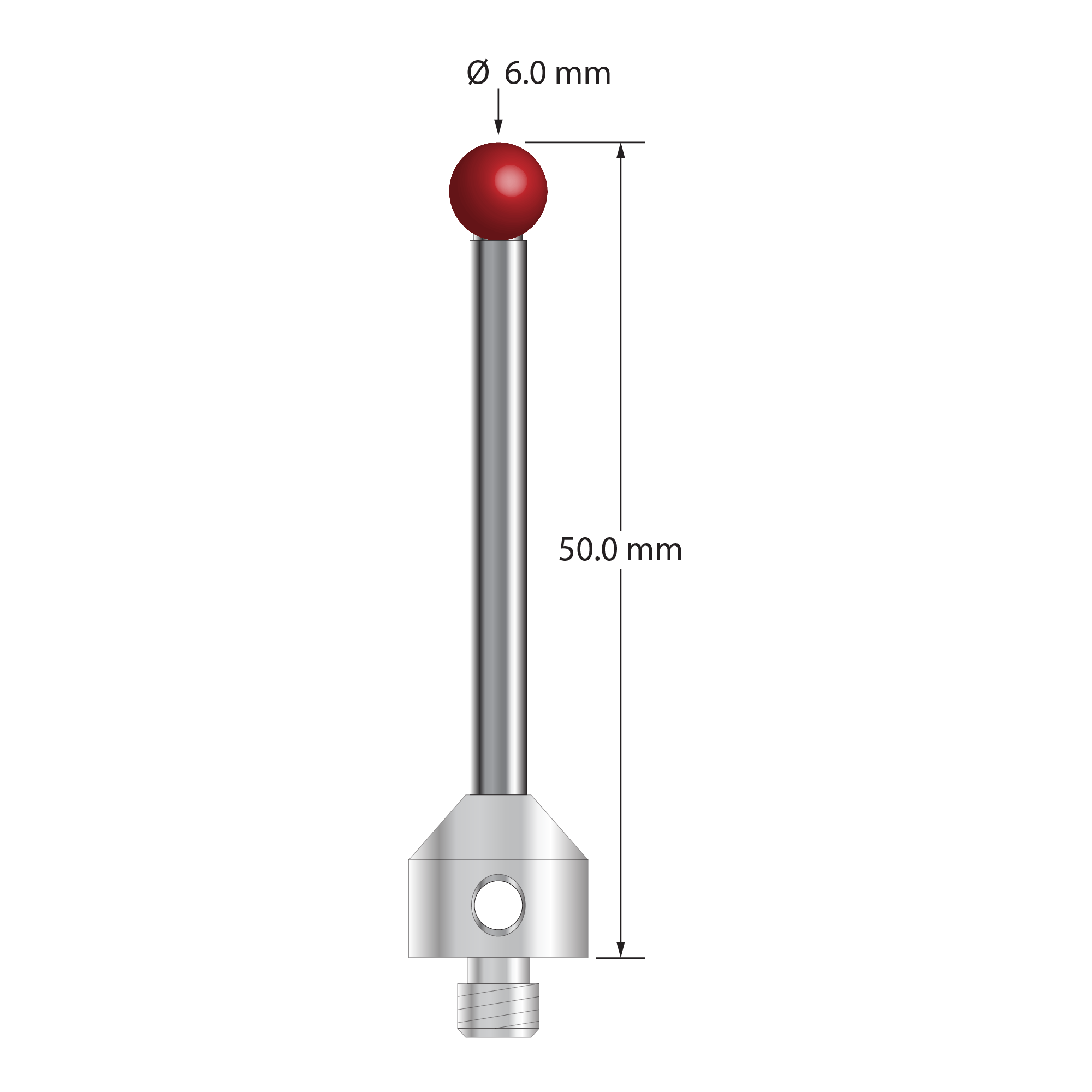 M5 stylus with 6.0 mm diameter ruby ball, 3.5 mm diameter carbide stem, and 11.0 mm diameter x 10.0 mm long stainless steel base. Overall stylus length is 50.0 mm. Stylus weight is 12.06 grams. Compare to Zeiss 626115-0605-050.