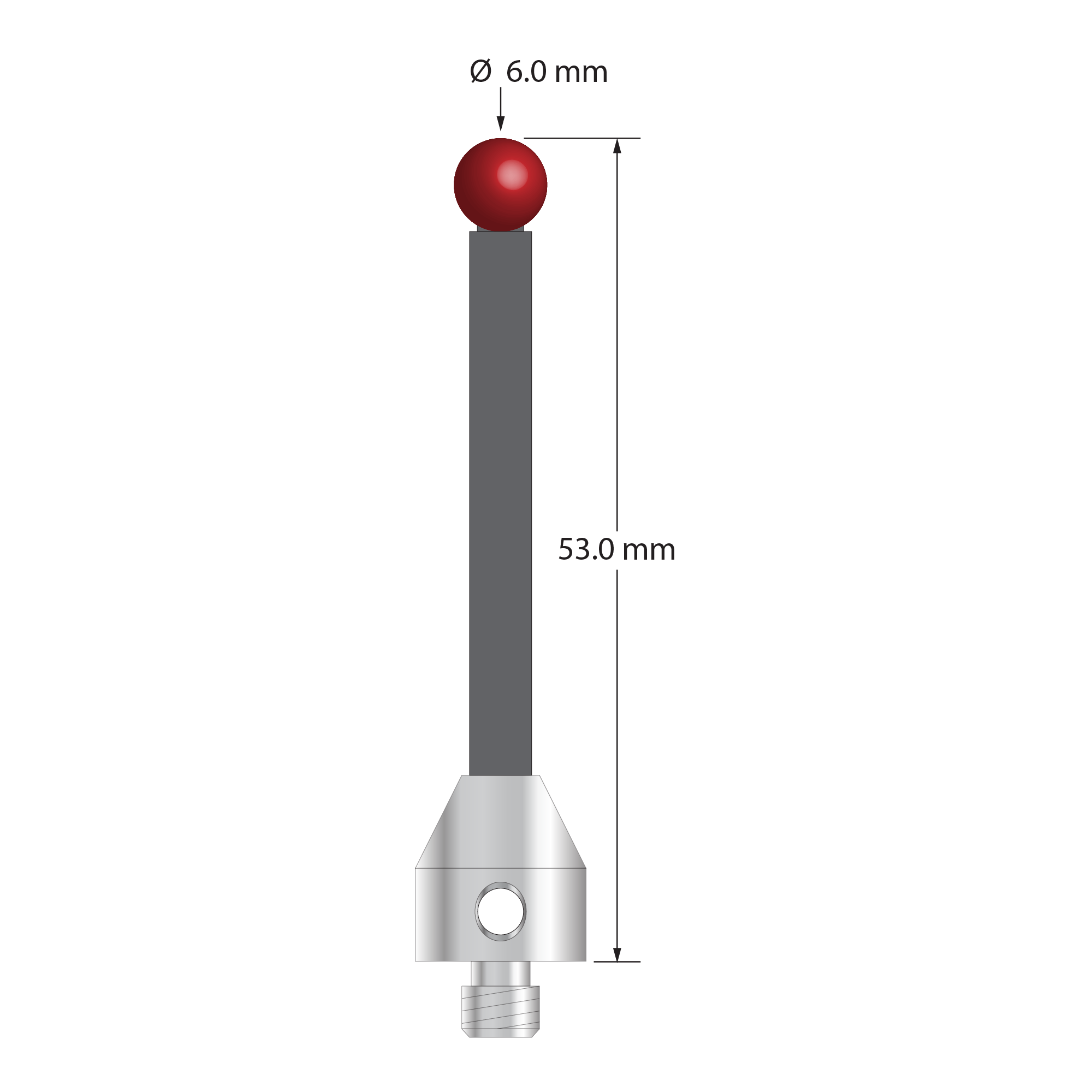 M5 stylus with 6.0 mm diameter ruby ball, 4.0 mm diameter carbon fiber stem, and 11.0 mm diameter x 12.0 mm long stainless steel base. Stylus length to ball center is 50.0 mm. Stylus weight is 5.95 grams. Compare to Renishaw A-5003-5237.