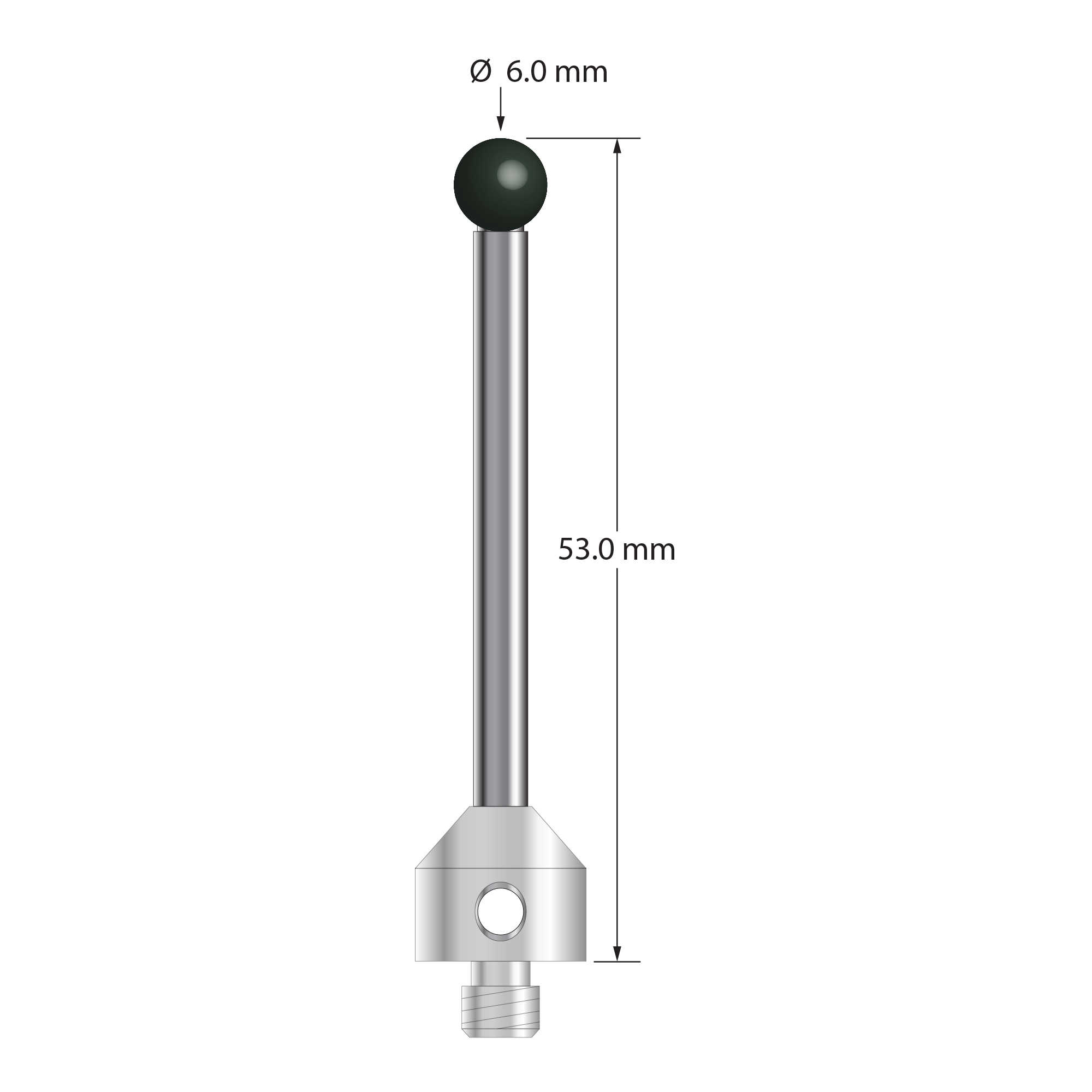 M5 stylus with 6.0 mm diameter silicon nitride ball, 3.5 mm diameter carbide stem, and 11.0 mm diameter x 10.0 mm long stainless steel base. Overall stylus length is 53.0 mm. Stylus weight is 12.47 grams. Compare to Zeiss 626105-0615-053.