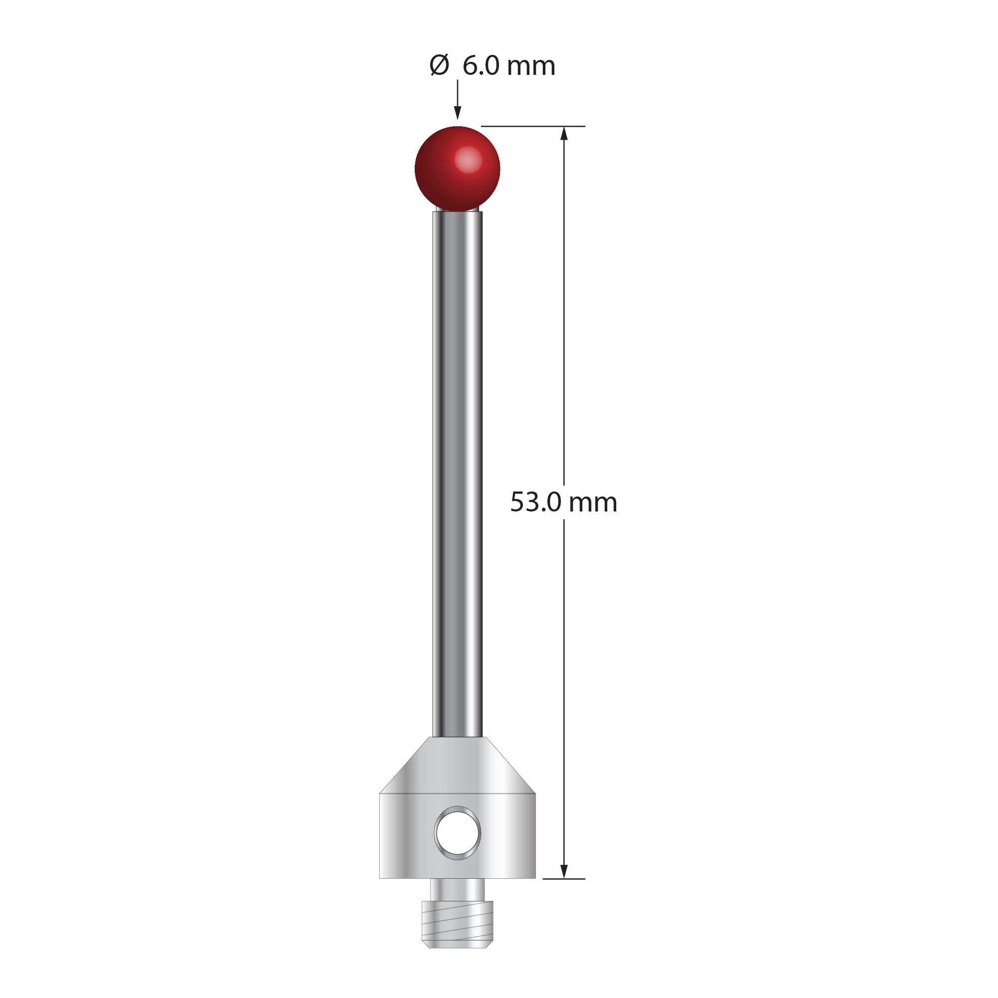 M5 stylus with 6.0 mm diameter ruby ball, 3.5 mm diameter carbide stem, and 11.0 mm diameter x 10.0 mm long stainless steel base. Overall stylus length is 53.0 mm. Stylus weight is 12.47 grams. Compare to Zeiss 626105-0614-053.
