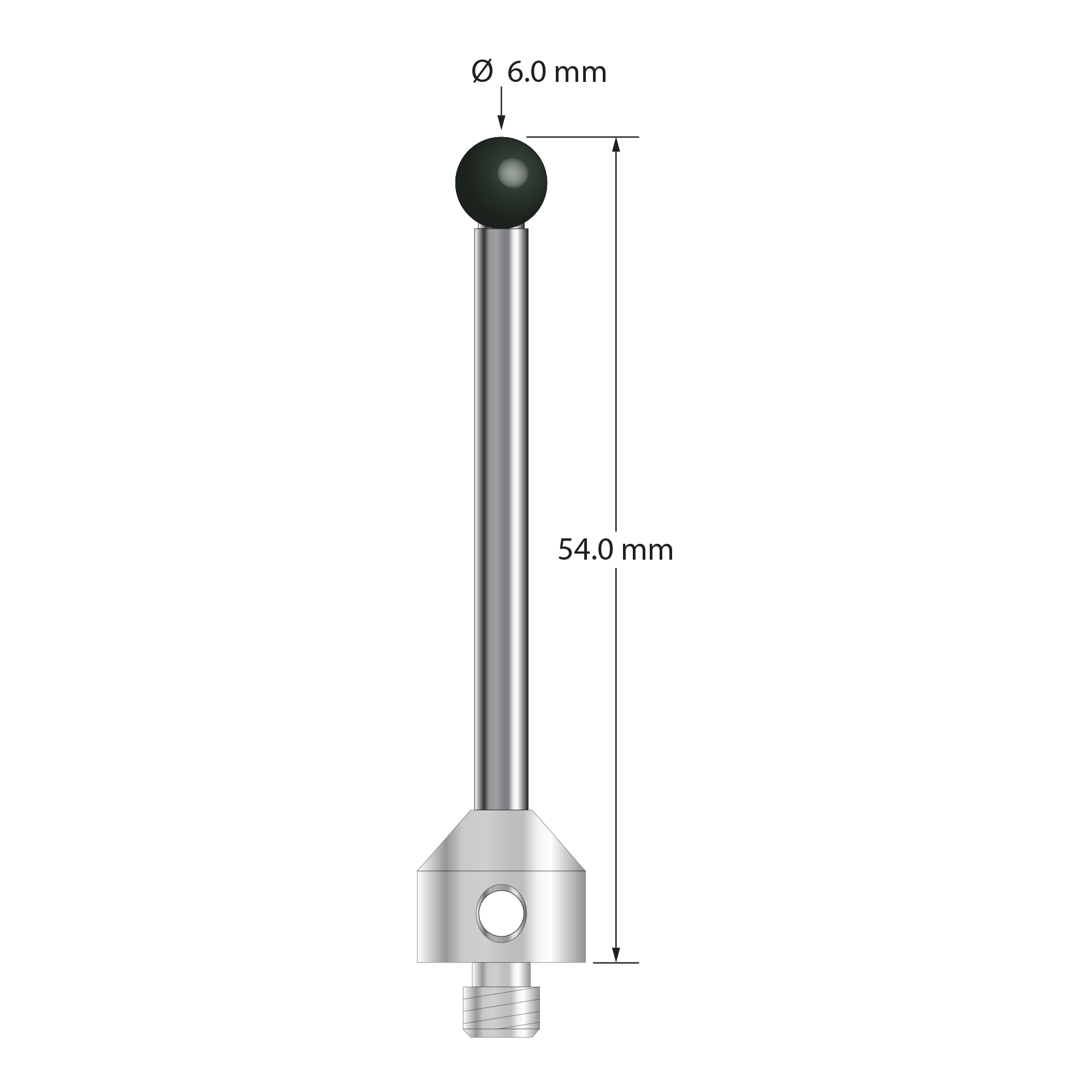 M5 stylus with 6.0 mm diameter silicon nitride ball, 3.5 mm diameter carbide stem, and 11.0 mm x 10.0 mm long stainless steel base. Overall stylus length is 54.0 mm. Stylus weight is 12.61 grams. Compare to Zeiss 626105-0615-054.