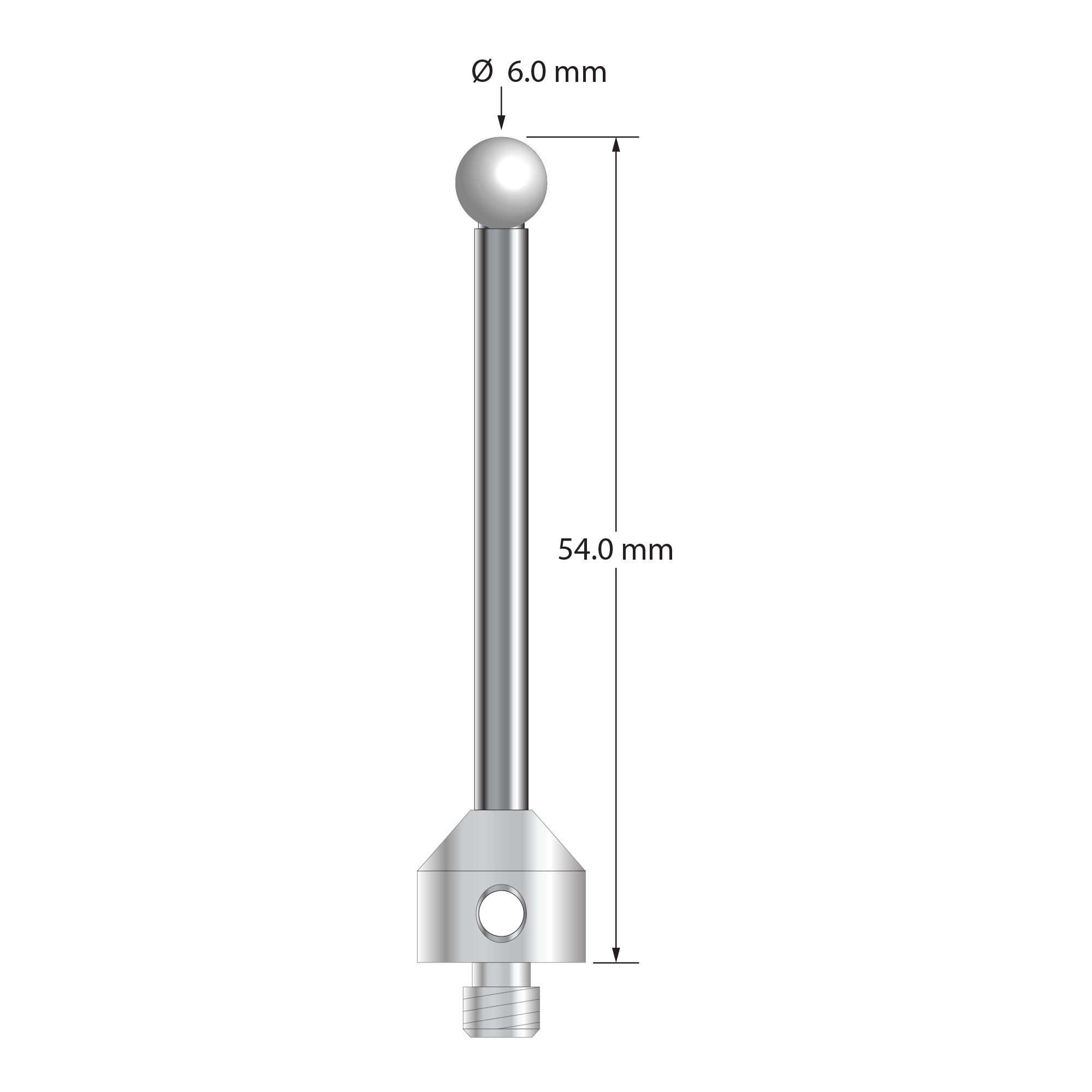 M5 stylus with 6.0 mm diameter zirconia ball, 3.5 mm diameter carbide stem, and 11.0 mm x 10.0 mm long stainless steel base. Overall stylus length is 54.0 mm. Stylus weight is 12.61 grams.
