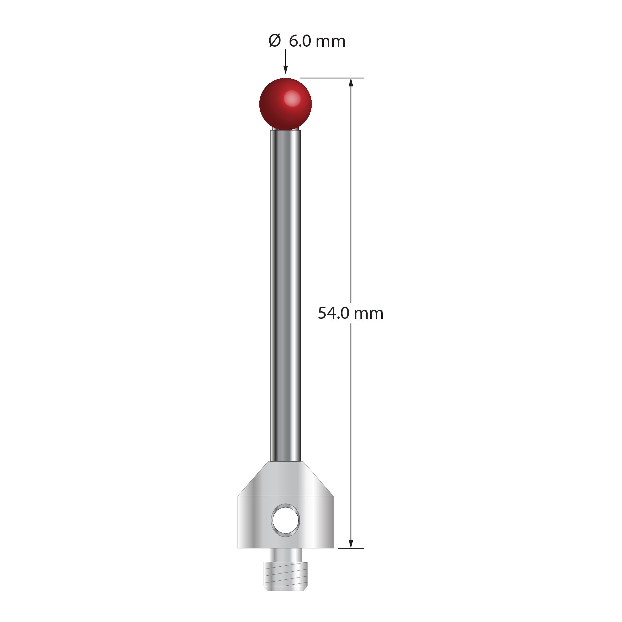 M5 stylus with 6.0 mm diameter ruby ball, 3.5 mm diameter carbide stem, and 11.0 mm x 10.0 mm long stainless steel base. Overall stylus length is 54.0 mm. Stylus weight is 12.61 grams. Compare to Zeiss 600342-8026-000 and Renishaw A-5555-0027.