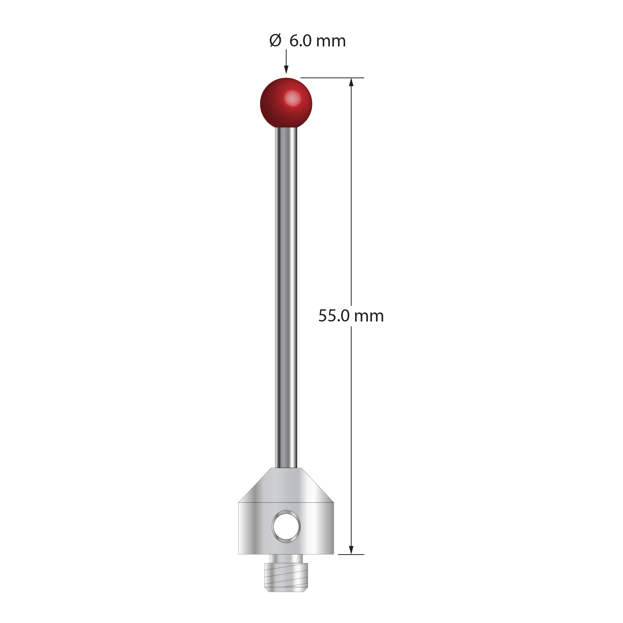 M5 stylus with 6.0 mm diameter ruby ball, 2.5 mm diameter carbide stem, and 11.0 mm diameter x 10.0 mm long stainless steel base. Overall stylus length is 55.0 mm. Stylus weight is 9.02 grams. Compare to Zeiss 626115-0600-055.