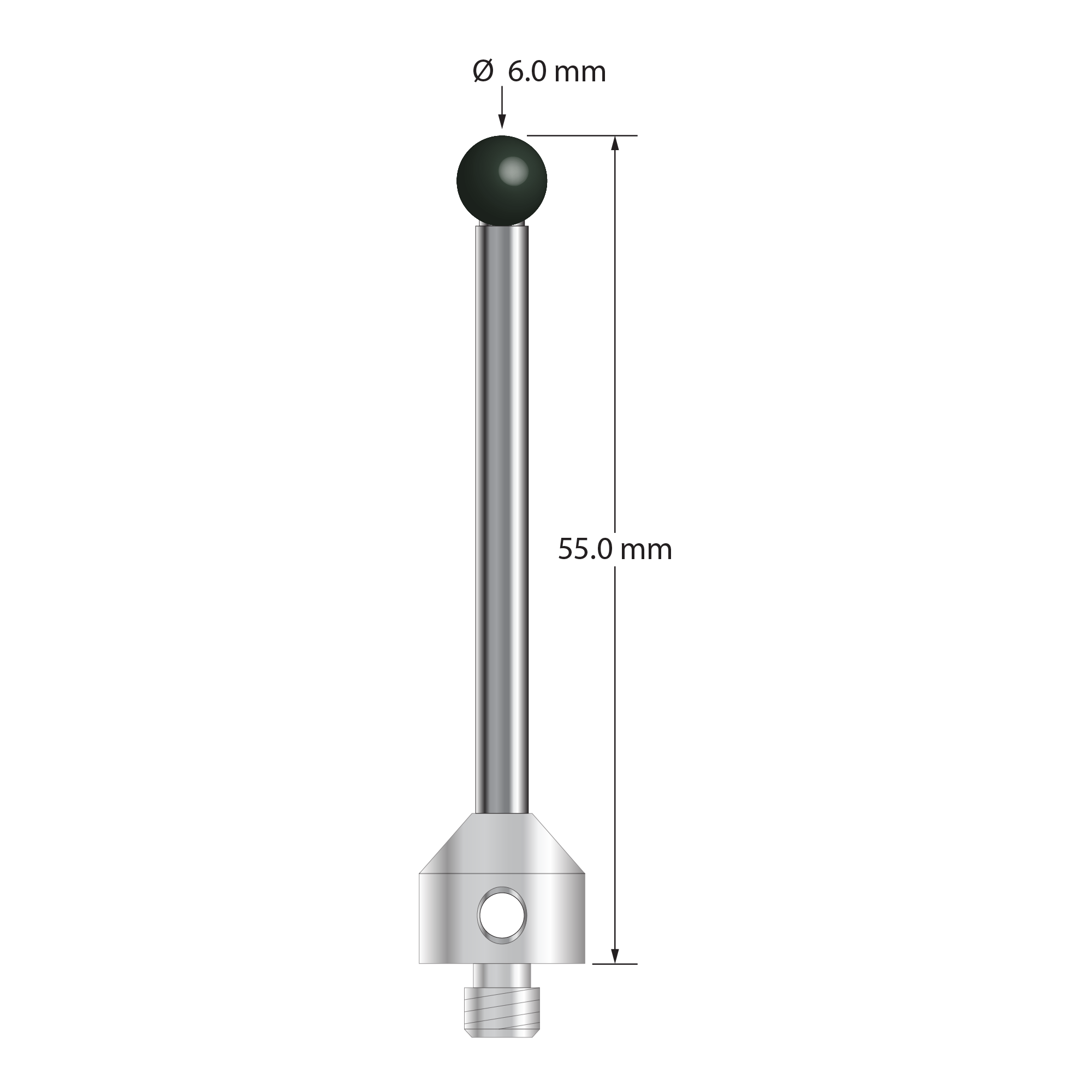 M5 stylus with 6.0 mm diameter silicon nitride ball, 3.5 mm diameter carbide stem, and 11.0 mm diameter x 10.0 mm long stainless steel base. Overall stylus length is 55.0 mm. Stylus weight is 12.75 grams. Compare to Zeiss 626105-0615-055.