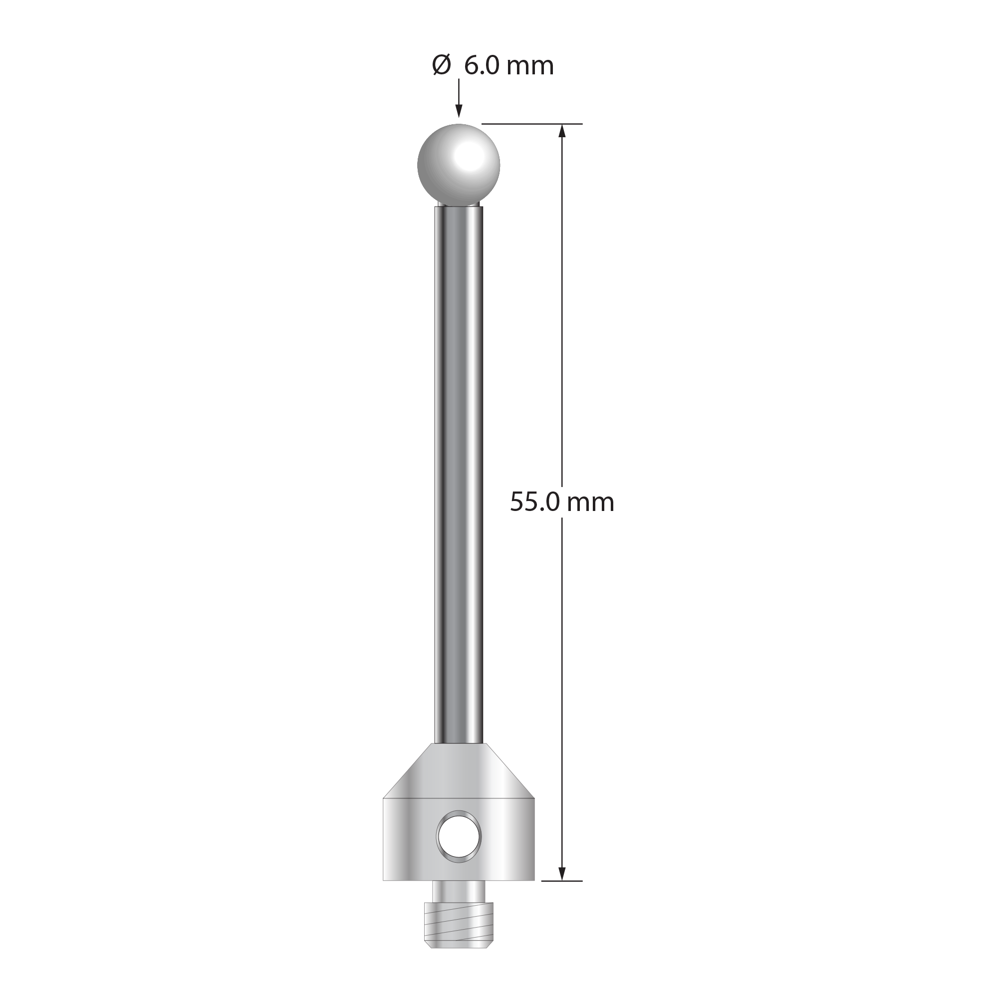 M5 stylus with 6.0 mm diameter zirconia ball, 3.5 mm diameter carbide stem, and 11.0 mm diameter x 10.0 mm long stainless steel base. Overall stylus length is 55.0 mm. Stylus weight is 12.75 grams.