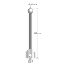 M5 stylus with 6.0 mm diameter zirconia ball, 3.5 mm diameter carbide stem, and 11.0 mm diameter x 10.0 mm long stainless steel base. Overall stylus length is 55.0 mm. Stylus weight is 12.75 grams.