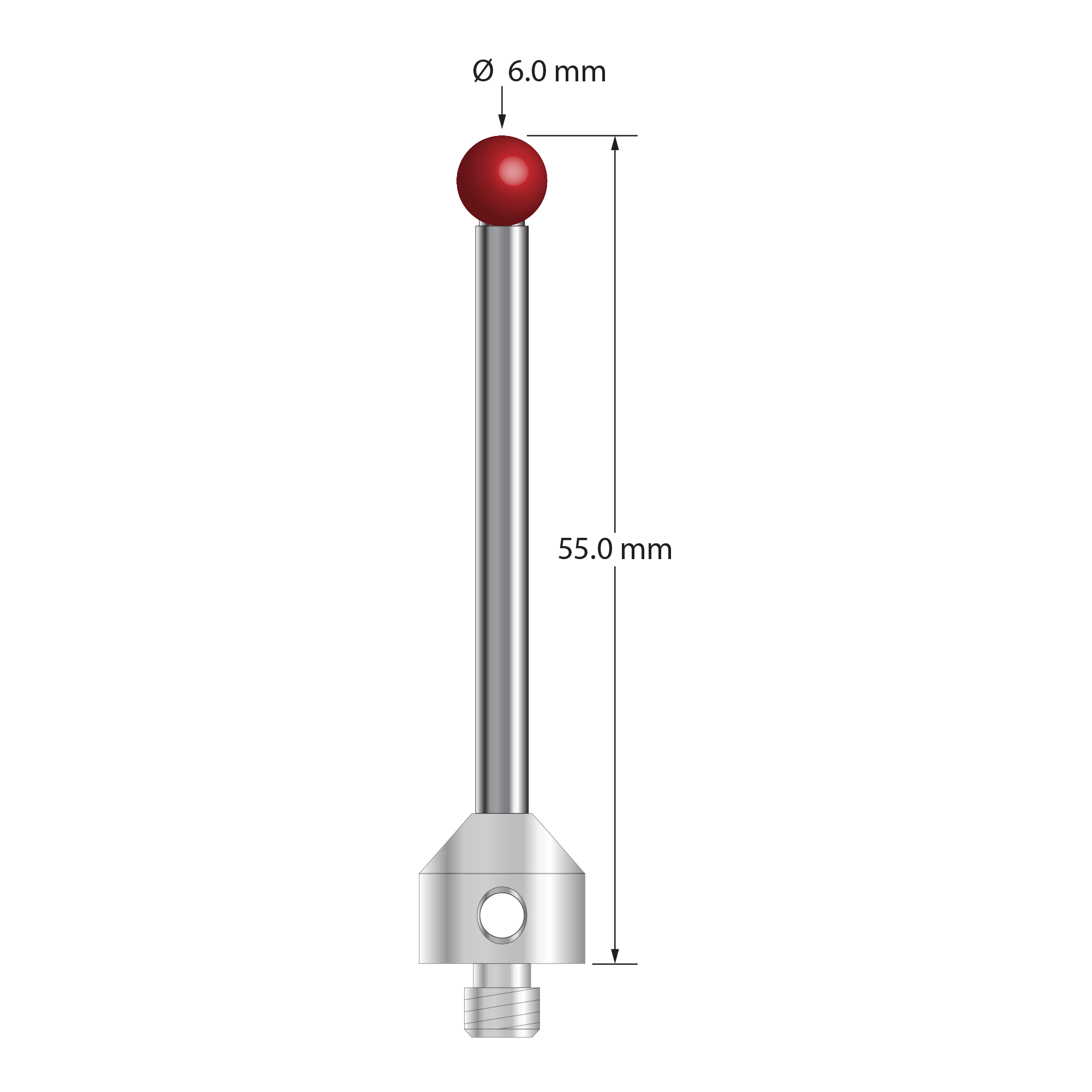 M5 stylus with 6.0 mm diameter ruby ball, 3.5 mm diameter carbide stem, and 11.0 mm diameter x 10.0 mm long stainless steel base. Overall stylus length is 55.0 mm. Stylus weight is 12.75 grams. Compare to Zeiss 626115-0602-055.