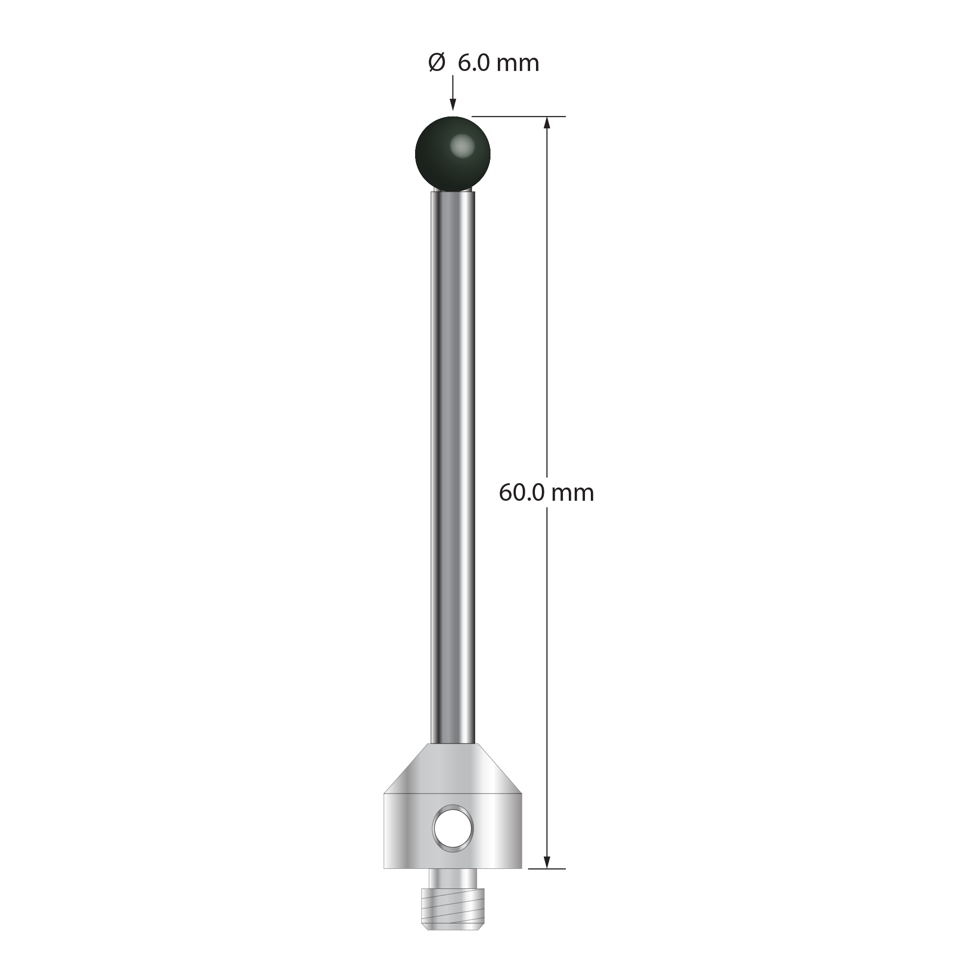 M5 stylus with 6.0 mm diameter silicon nitride ball, 3.5 mm diameter carbide stem, and 11.0 mm diameter x 10.0 mm long stainless steel base. Overall stylus length is 60.0 mm. Stylus weight is 13.30 grams. Compare to Zeiss 626105-0615-060.