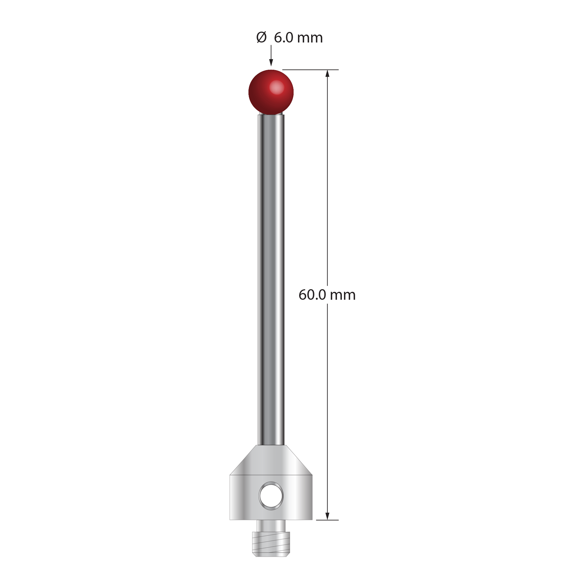 M5 stylus with 6.0 mm diameter ruby ball, 3.5 mm diameter carbide stem, and 11.0 mm diameter x 10.0 mm long stainless steel base. Overall stylus length is 60.0 mm. Stylus weight is 13.30 grams. Compare to Zeiss 626115-0605-060.