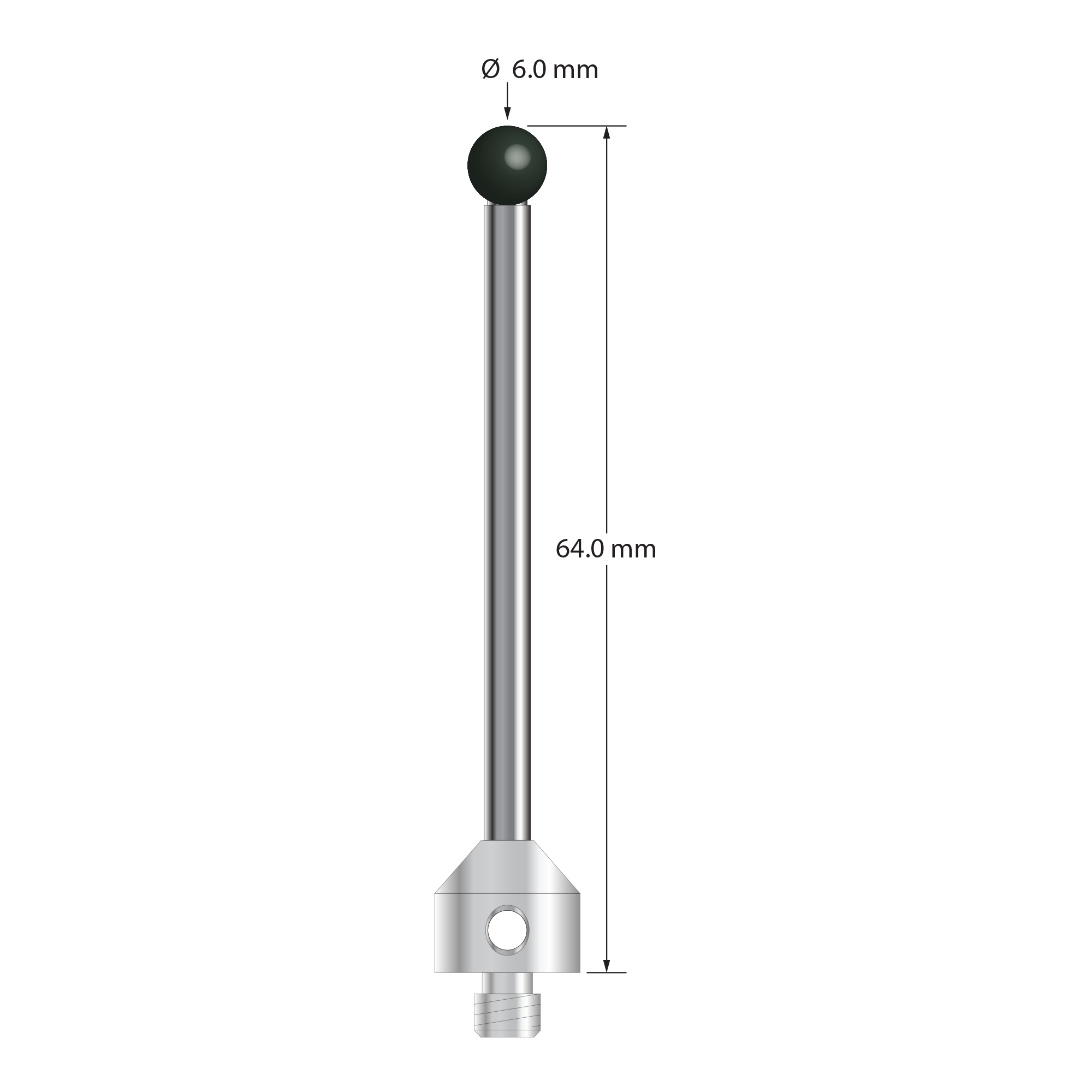 M5 stylus with 6.0 mm diameter silicon nitride ball, 3.5 mm diameter carbide stem, and 11.0 mm diameter x 10.0 mm long stainless steel base. Overall stylus length is 64.0 mm. Stylus weight is 13.85 grams. Compare to Zeiss 626105-0615-064.