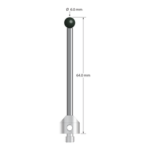 M5 stylus with 6.0 mm diameter silicon nitride ball, 3.5 mm diameter carbide stem, and 11.0 mm diameter x 10.0 mm long stainless steel base. Overall stylus length is 64.0 mm. Stylus weight is 13.85 grams. Compare to Zeiss 626105-0615-064.