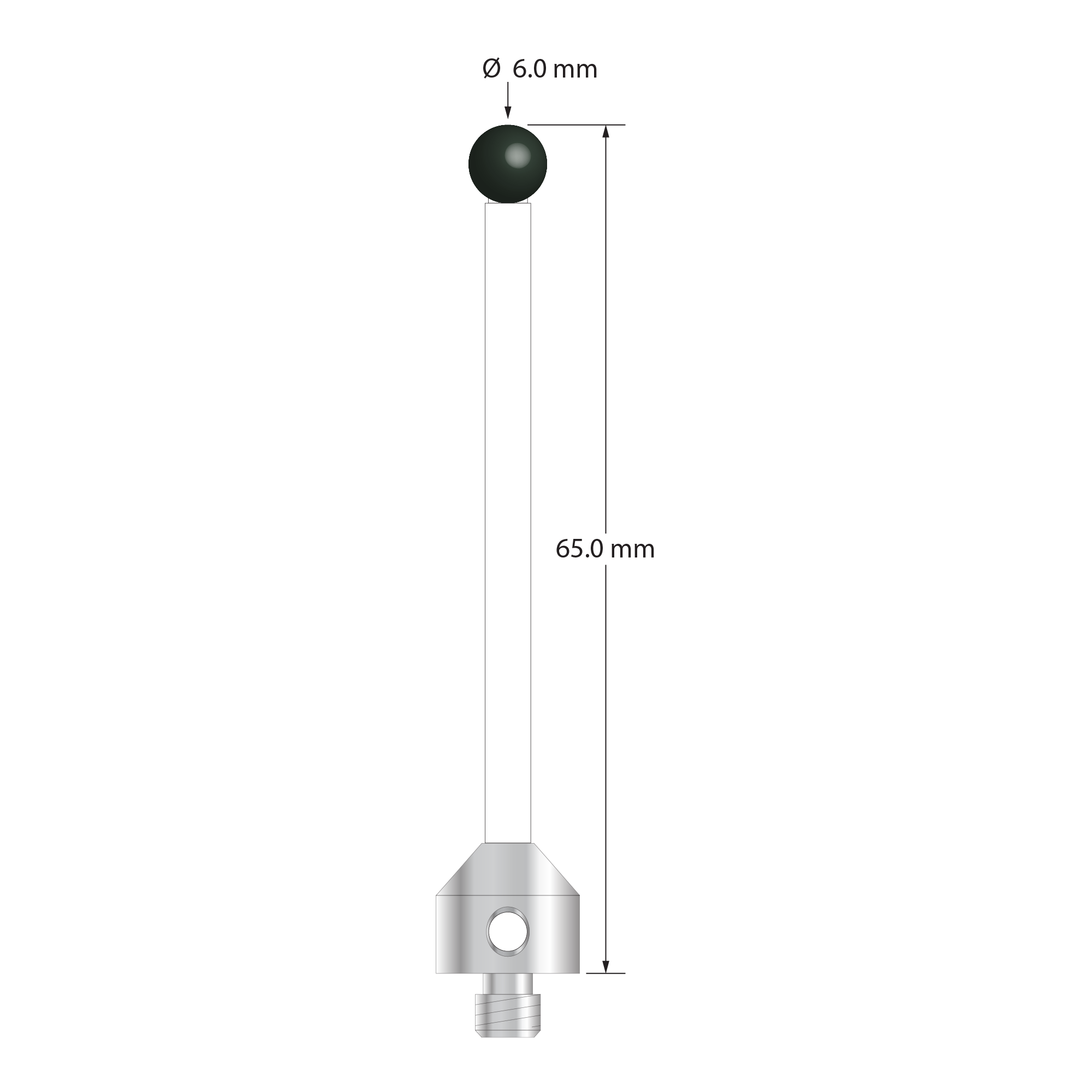 M5 stylus with 6.0 mm diameter silicon nitride ball, 3.5 mm diameter ceramic stem, and 11.0 mm diameter x 10.0 mm long anodized aluminum base. Overall stylus length is 65.0 mm. Stylus weight is 4.27 grams.