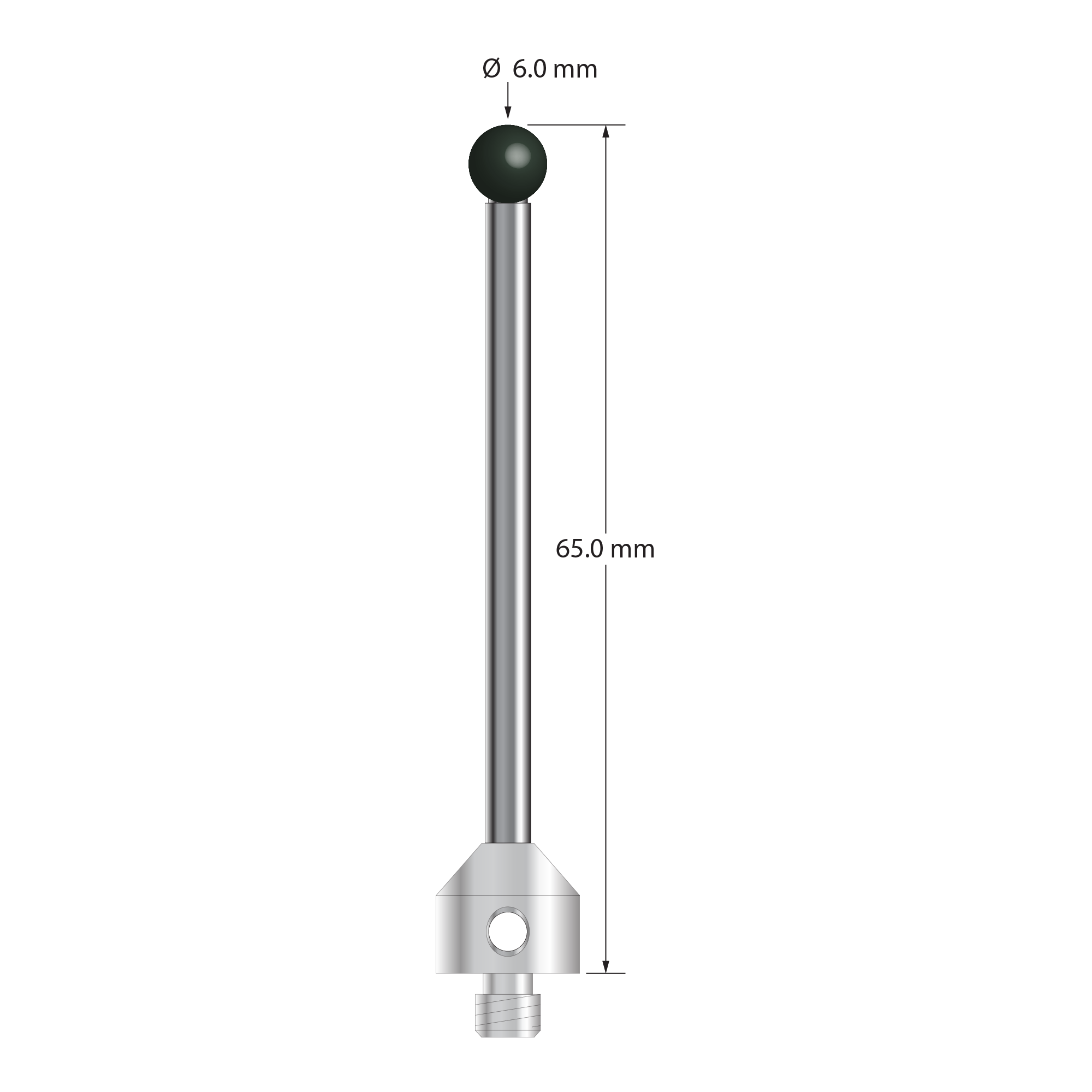 M5 stylus with 6.0 mm diameter silicon nitride ball, 3.5 mm diameter carbide stem, and 11.0 mm diameter x 10.0 mm long stainless steel base. Overall stylus length is 65.0 mm. Stylus weight is 14.36 grams. Compare to Zeiss 626105-0615-065.