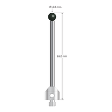 M5 stylus with 6.0 mm diameter silicon nitride ball, 3.5 mm diameter carbide stem, and 11.0 mm diameter x 10.0 mm long stainless steel base. Overall stylus length is 65.0 mm. Stylus weight is 14.36 grams. Compare to Zeiss 626105-0615-065.