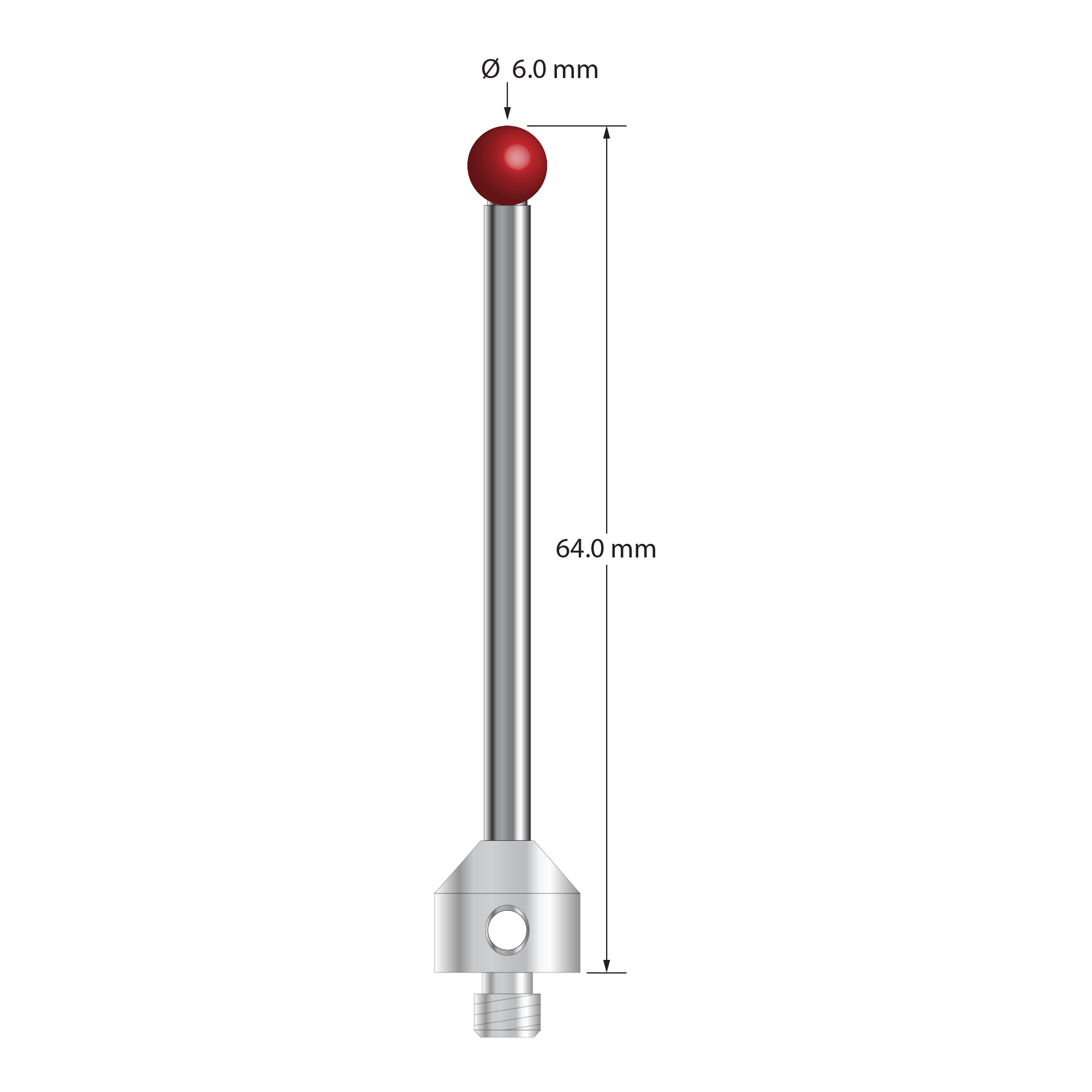 M5 stylus with 6.0 mm diameter ruby ball, 3.5 mm diameter carbide stem, and 11.0 mm diameter x 10.0 mm long stainless steel base. Overall stylus length is 65.0 mm. Stylus weight is 14.77 grams. Compare to Zeiss 626115-0600-068.