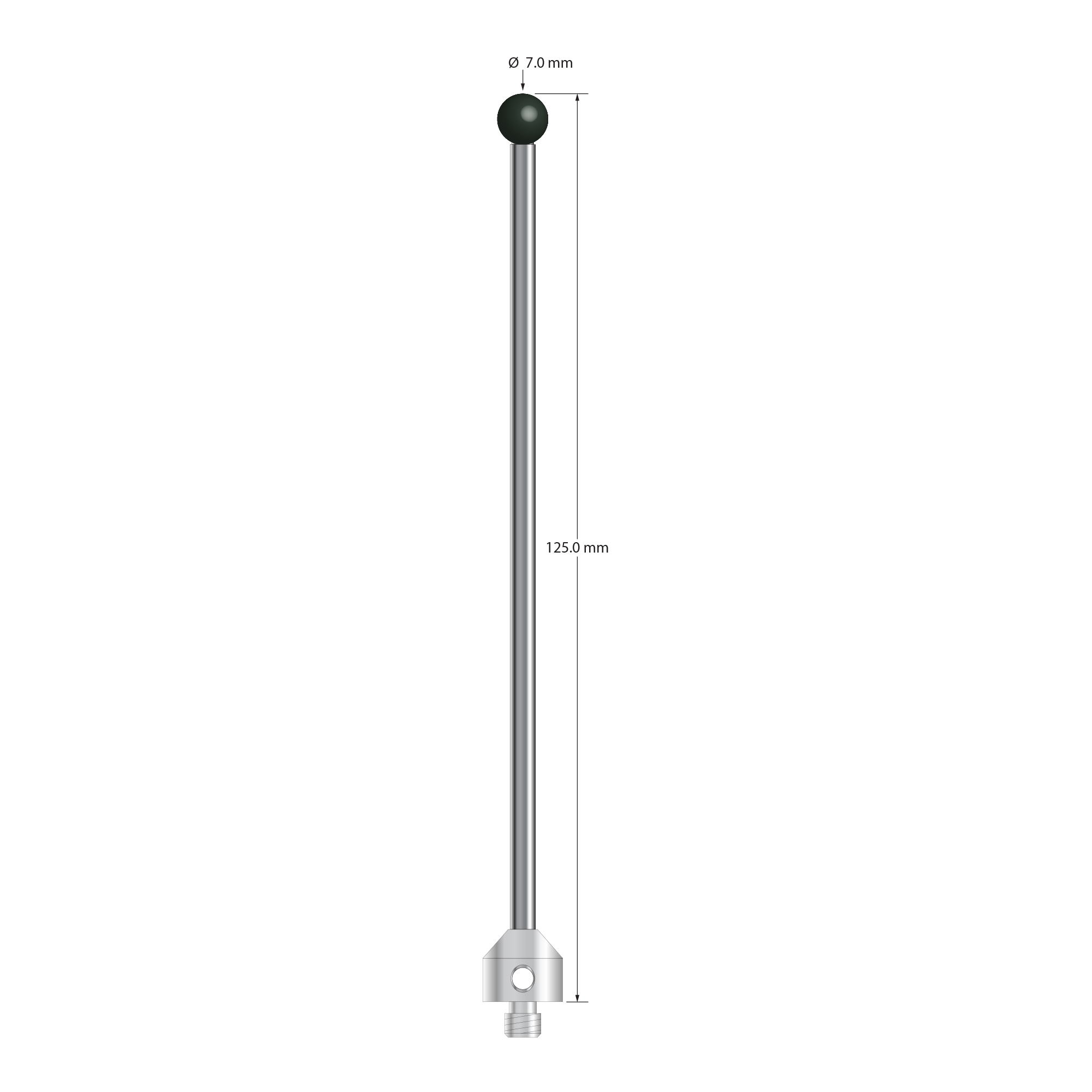 M5 stylus with 7.0 mm diameter silicon nitride ball, 3.5 mm diameter carbide stem, and 11.0 mm diameter x 10.0 mm long stainless steel base. Overall stylus length is 125.0 mm. Stylus weight is 21.65 grams.