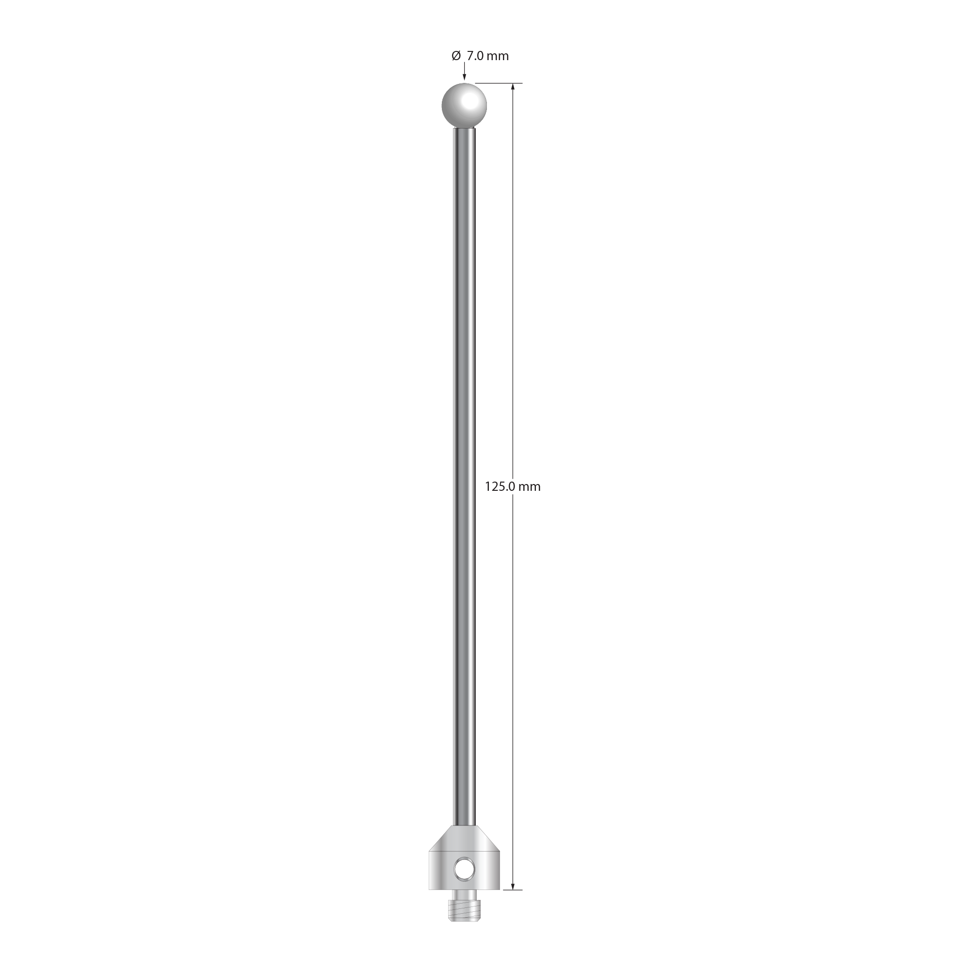 M5 stylus with 7.0 mm diameter zirconia ball, 3.5 mm diameter carbide stem, and 11.0 mm diameter x 10.0 mm long stainless steel base. Overall stylus length is 125.0 mm. Stylus weight is 21.65 grams.