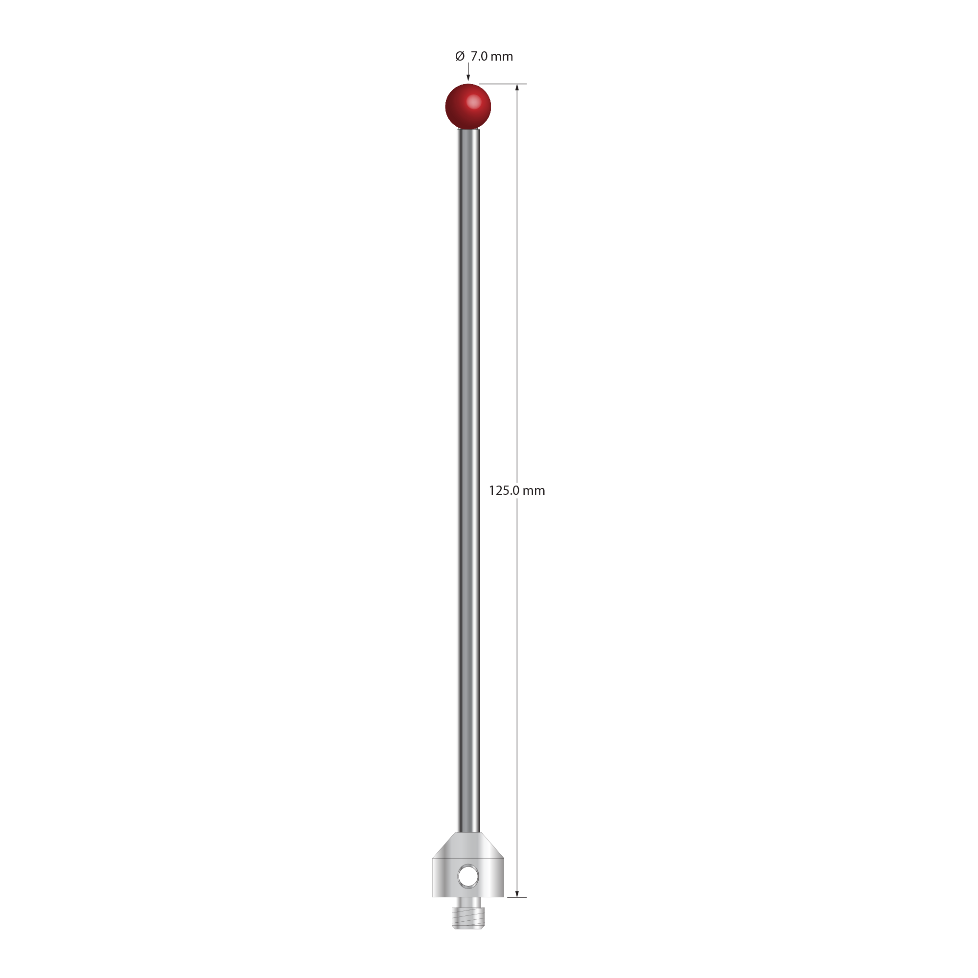 M5 stylus with 7.0 mm diameter ruby ball, 3.5 mm diameter carbide stem, and 11.0 mm diameter x 10.0 mm long stainless steel base. Overall stylus length is 125.0 mm. Stylus weight is 21.65 grams.