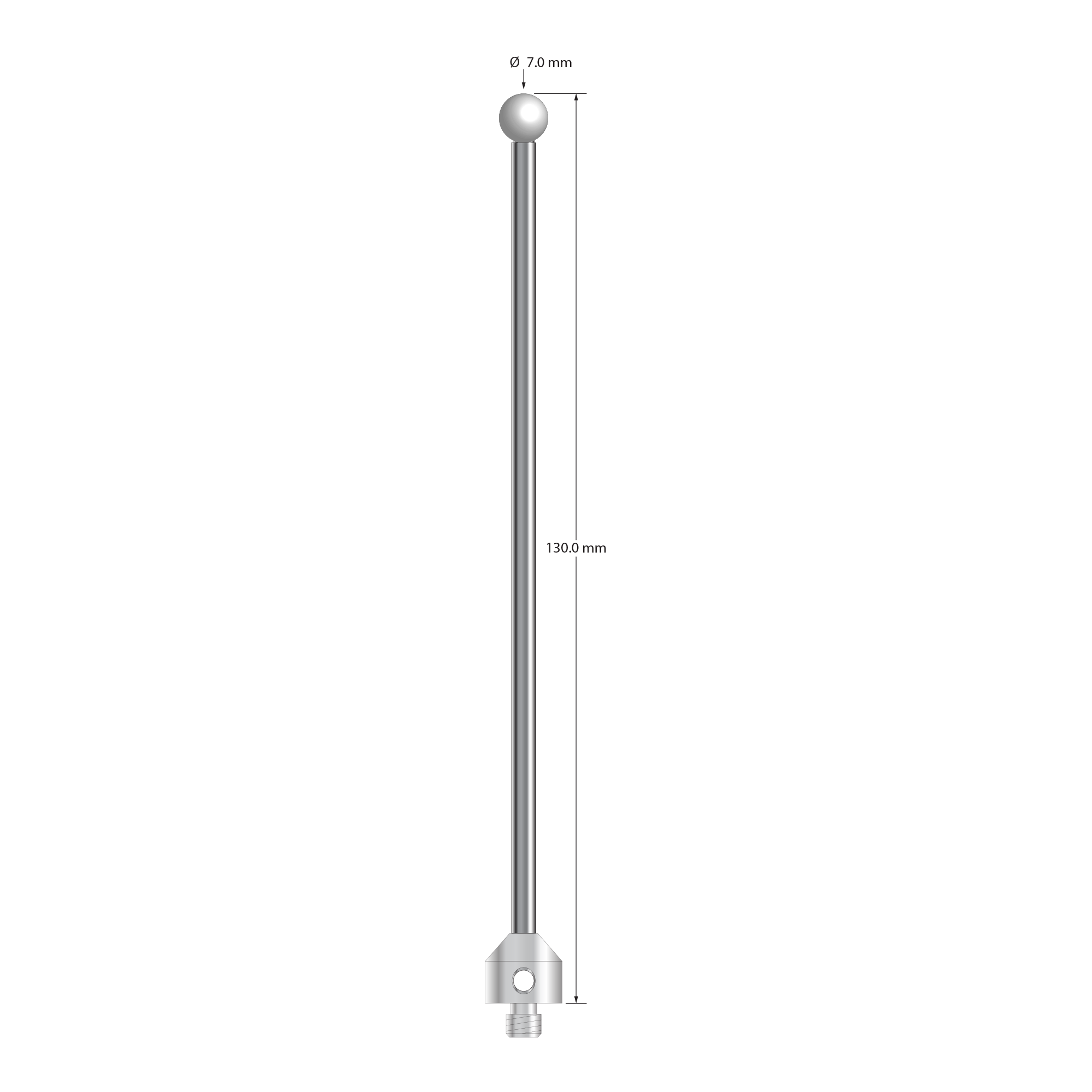 M5 stylus with 7.0 mm diameter zirconia ball, 3.5 mm diameter carbide stem, and 11.0 mm diameter x 10.0 mm long stainless steel base. Overall stylus length is 130.0 mm. Stylus weight is 22.34 grams.