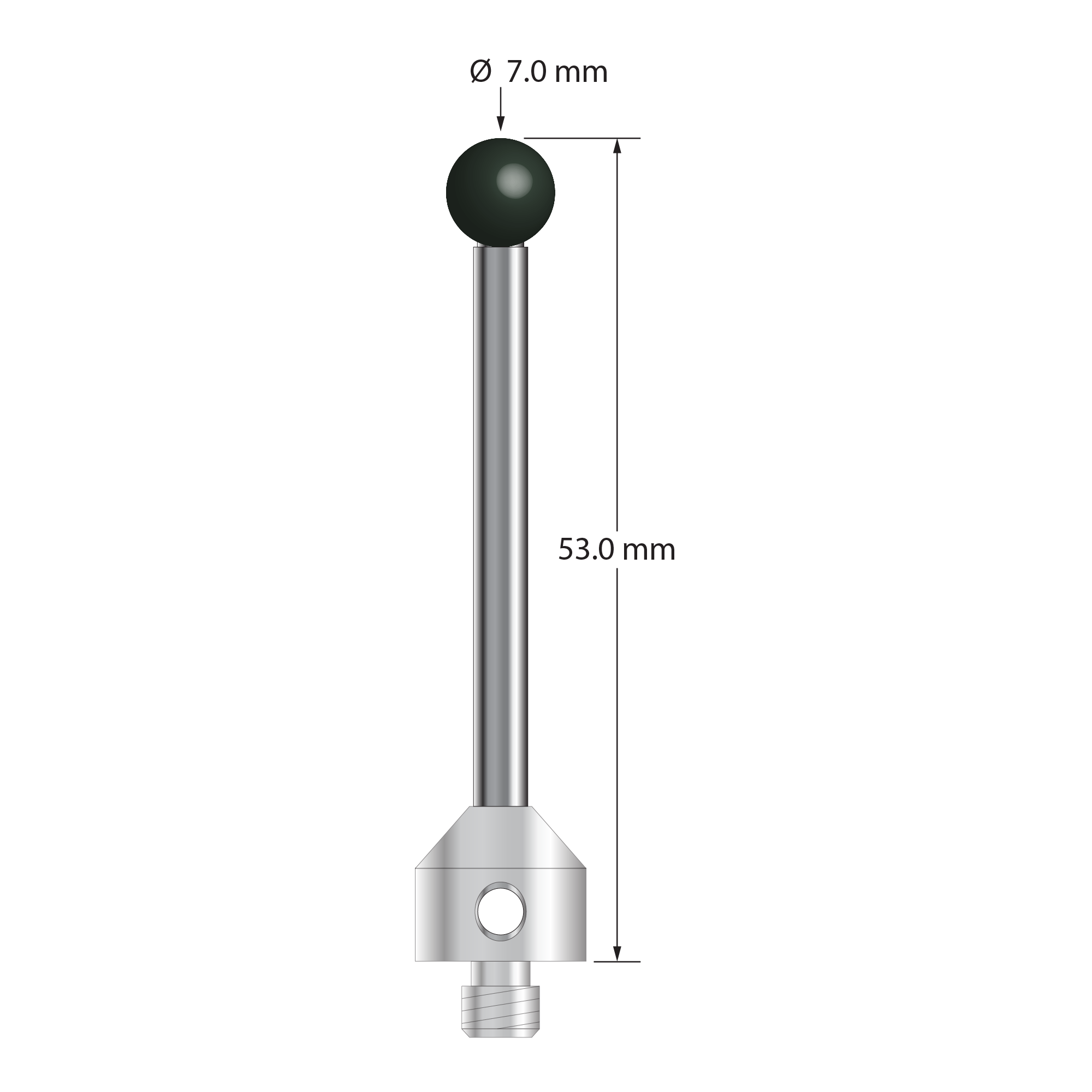 M5 stylus with 7.0 mm diameter silicon nitride ball, 3.5 mm diameter carbide stem, and 11.0 mm diameter x 10.0 mm long stainless steel base. Overall stylus length is 53.0 mm. Stylus weight is 11.69 grams.