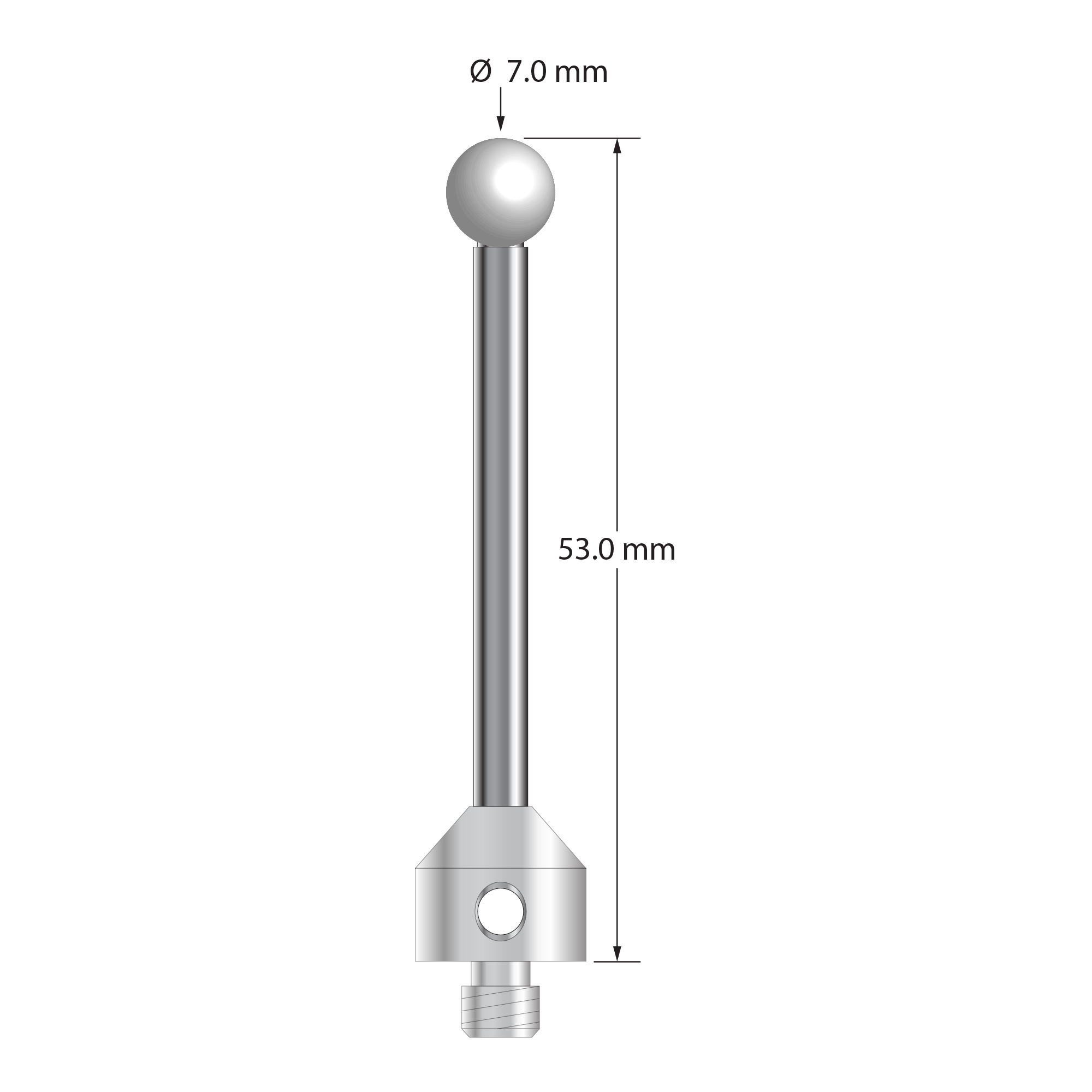 M5 stylus with 7.0 mm diameter zirconia ball, 3.5 mm diameter carbide stem, and 11.0 mm diameter x 10.0 mm long stainless steel base. Overall stylus length is 53.0 mm. Stylus weight is 11.69 grams.