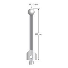 M5 stylus with 7.0 mm diameter zirconia ball, 3.5 mm diameter carbide stem, and 11.0 mm diameter x 10.0 mm long stainless steel base. Overall stylus length is 53.0 mm. Stylus weight is 11.69 grams.