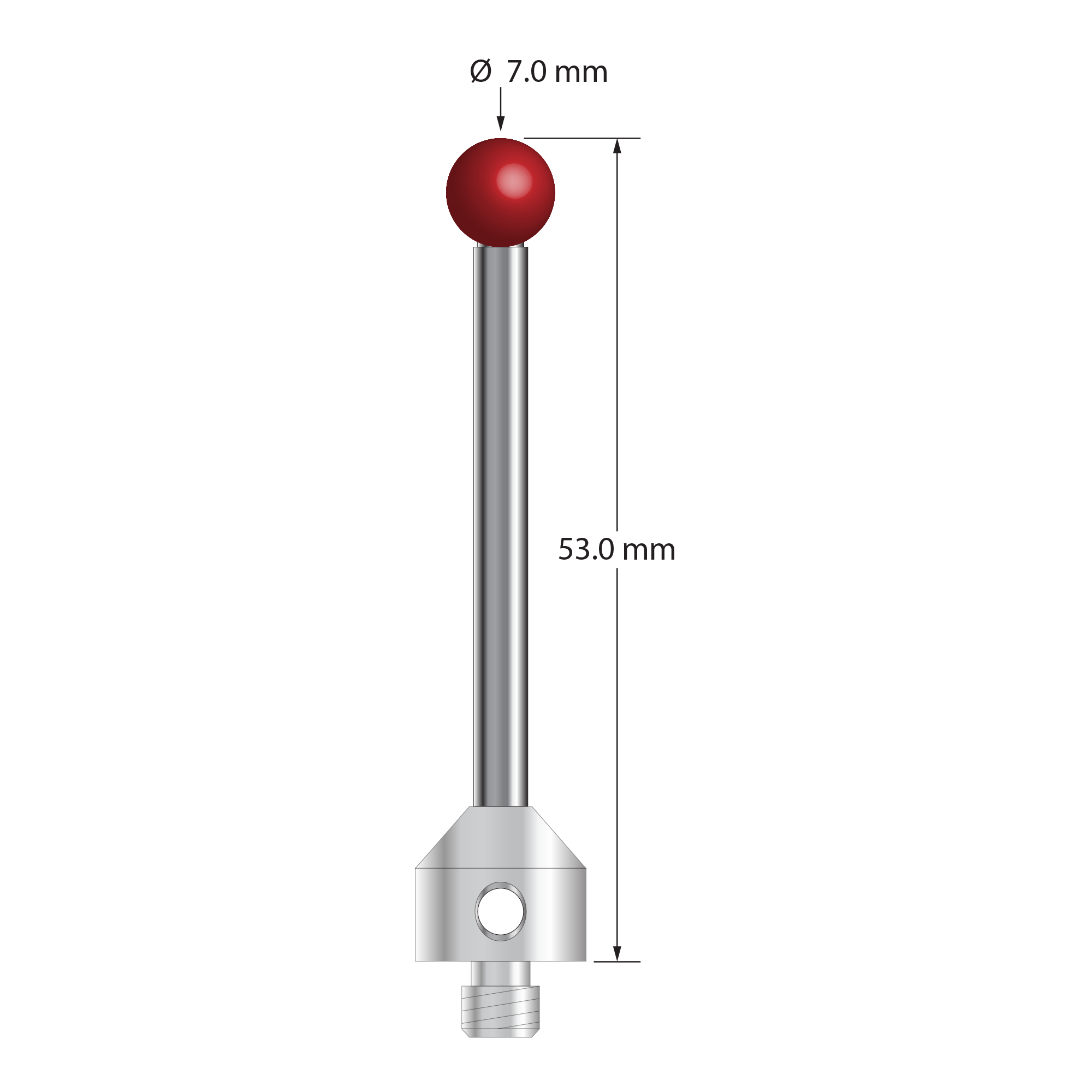 M5 stylus with 7.0 mm diameter ruby ball, 3.5 mm diameter carbide stem, and 11.0 mm diameter x 10.0 mm long stainless steel base. Overall stylus length is 53.0 mm. Stylus weight is 11.69 grams.