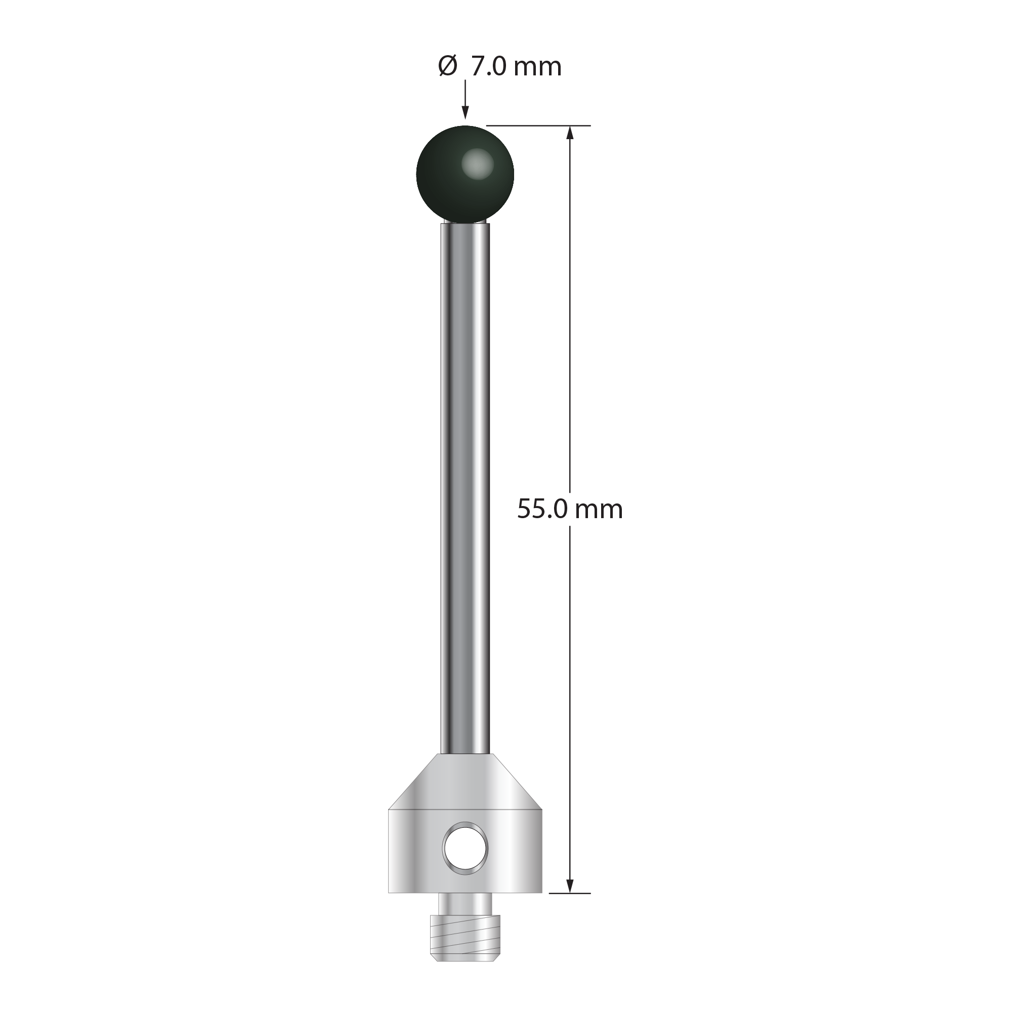 M5 stylus with 7.0 mm diameter silicon nitride ball, 3.5 mm diameter carbide stem, and 11.0 mm diameter x 10.0 mm long stainless steel base. Overall stylus length is 55.0 mm. Stylus weight is 11.97 grams. Compare to Renishaw A-5555-3796 and Zeiss 626115-0702-055.