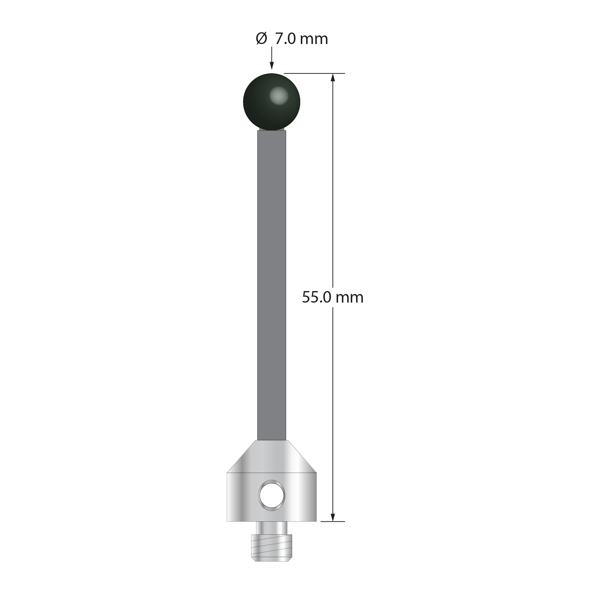 Low weight M5 stylus with 7.0 mm diameter silicon nitride ball, 3.5 mm diameter Therm-X carbon fiber stem, and 11.0 mm diameter x 10.0 mm long titanium base. Overall stylus length is 55.0 mm. Stylus weight is 4.41 grams.