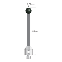 Low weight M5 stylus with 7.0 mm diameter silicon nitride ball, 3.5 mm diameter Therm-X carbon fiber stem, and 11.0 mm diameter x 10.0 mm long titanium base. Overall stylus length is 55.0 mm. Stylus weight is 4.41 grams.