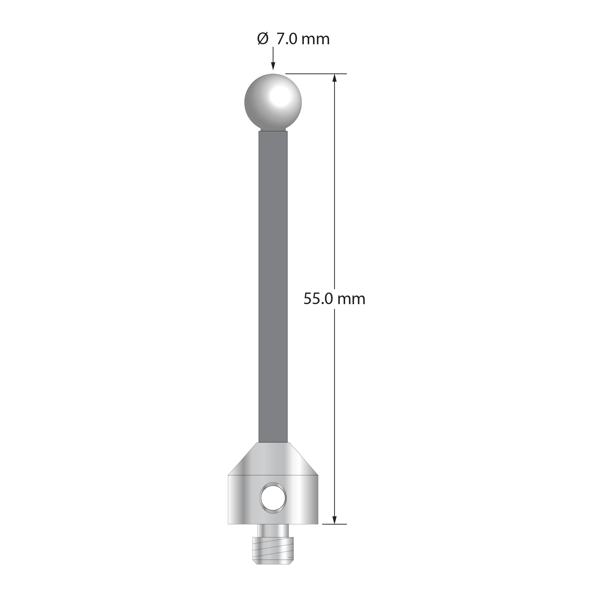 Low weight M5 stylus with 7.0 mm diameter zirconia ball, 3.5 mm diameter Therm-X carbon fiber stem, and 11.0 mm diameter x 10.0 mm long titanium base. Overall stylus length is 55.0 mm. Stylus weight is 4.41 grams.