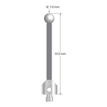 Low weight M5 stylus with 7.0 mm diameter zirconia ball, 3.5 mm diameter Therm-X carbon fiber stem, and 11.0 mm diameter x 10.0 mm long titanium base. Overall stylus length is 55.0 mm. Stylus weight is 4.41 grams.