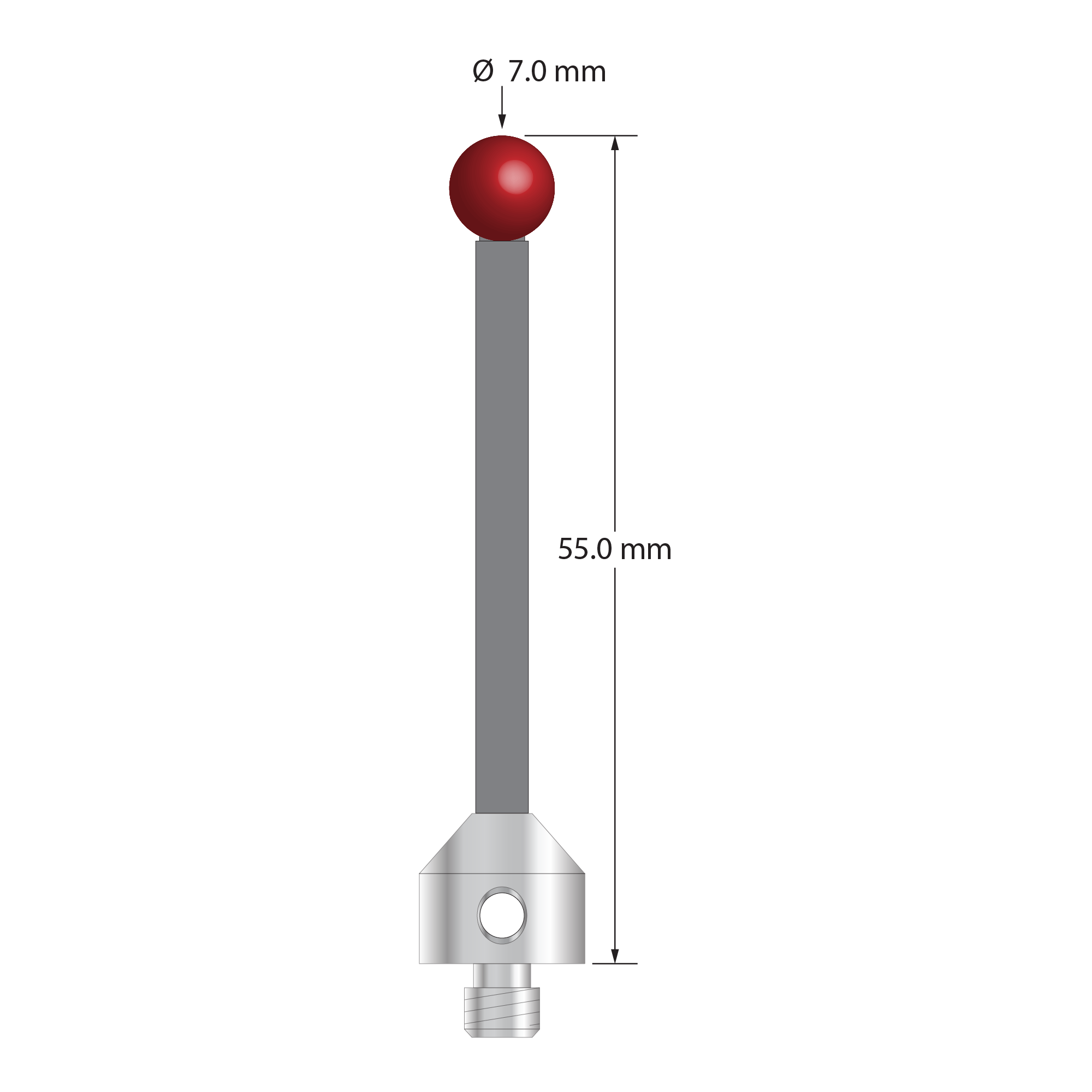 Low weight M5 stylus with 7.0 mm diameter ruby ball, 3.5 mm diameter Therm-X carbon fiber stem, and 11.0 mm diameter x 10.0 mm long titanium base. Overall stylus length is 55.0 mm. Stylus weight is 4.41 grams. Compare to Zeiss 626105-0710-055.