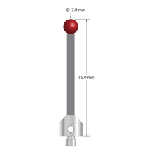 Low weight M5 stylus with 7.0 mm diameter ruby ball, 3.5 mm diameter Therm-X carbon fiber stem, and 11.0 mm diameter x 10.0 mm long titanium base. Overall stylus length is 55.0 mm. Stylus weight is 4.41 grams. Compare to Zeiss 626105-0710-055.