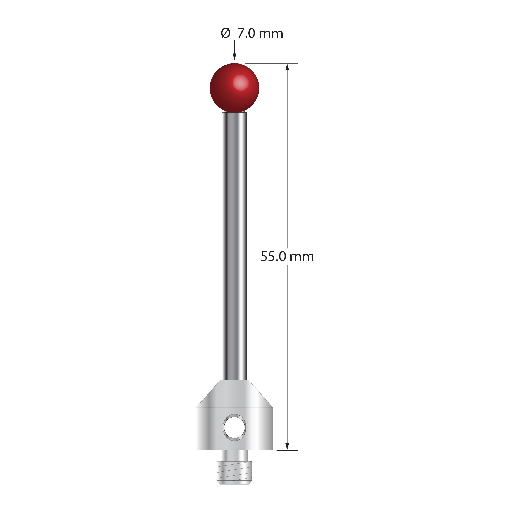 M5 stylus with 7.0 mm diameter ruby ball, 3.5 mm diameter carbide stem, and 11.0 mm diameter x 10.0 mm long stainless steel base. Overall stylus length is 55.0 mm. Stylus weight is 11.97 grams. Compare to Zeiss 600342-8027-000 and Renishaw A-5555-0028.