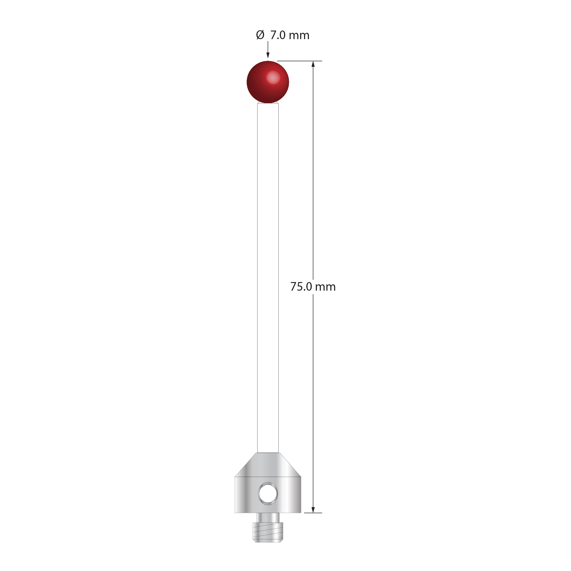 M5 stylus with 7.0 mm diameter ruby ball, 3.5 mm diameter ceramic stem, and 11.0 mm diameter x 10.0 mm long anodized aluminum base. Overall stylus length is 75.0 mm. Stylus weight is 4.83 grams.