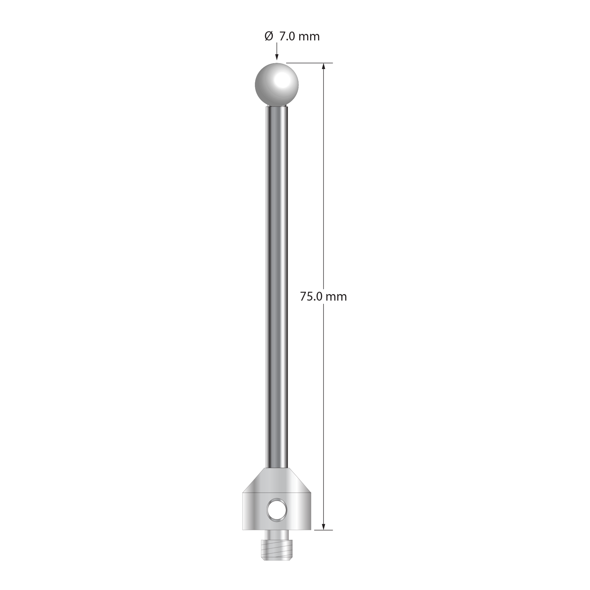 M5 stylus with 7.0 mm diameter zirconia ball, 3.5 mm diameter carbide stem, and 11.0 mm diameter x 10.0 mm long stainless steel base. Overall stylus length is 75.0 mm. Stylus weight is 14.73 grams.