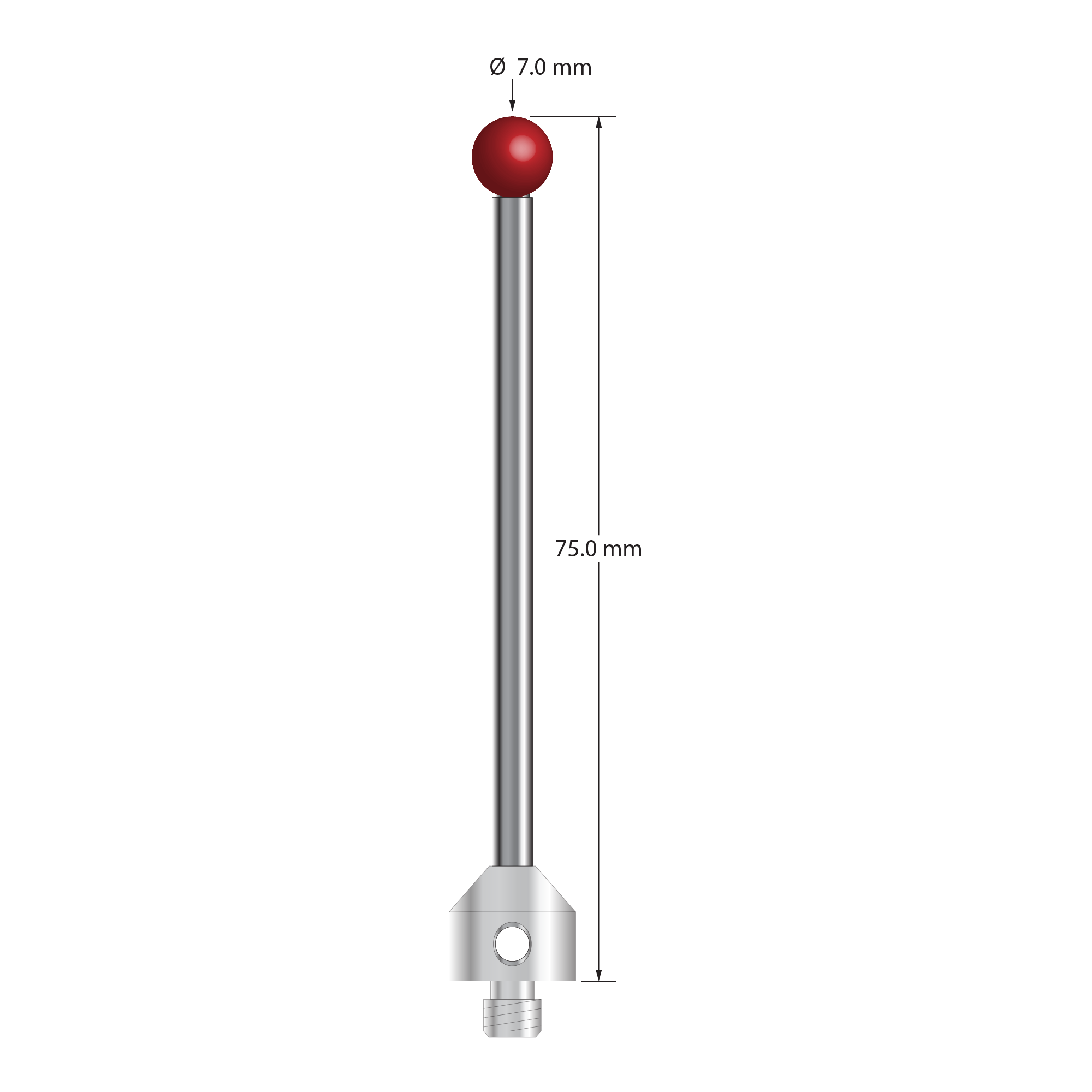 M5 stylus with 7.0 mm diameter ruby ball, 3.5 mm diameter carbide stem, and 11.0 mm diameter x 10.0 mm long stainless steel base. Overall stylus length is 75.0 mm. Stylus weight is 14.73 grams.