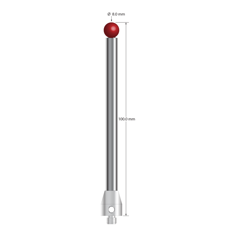 M5 stylus with 8.0 mm diameter ruby ball, 6.0 mm diameter carbide stem, and 11.0 mm diameter x 13.0 mm long stainless steel base. Overall stylus length is 100.0 mm. Stylus weight is 31.20 grams. Compare to Renishaw A-5555-0033 and Zeiss 602030-9017-000.
