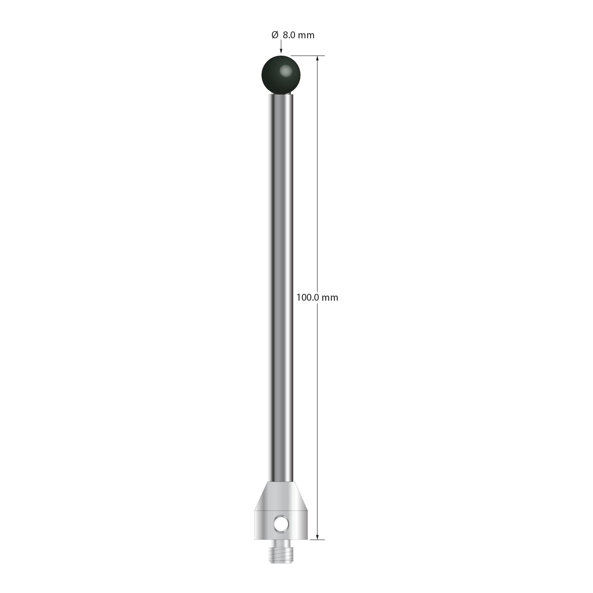 M5 stylus with 8.0 mm diameter silicon nitride ball, 5.0 mm diameter carbide stem, and 11.0 mm diameter x 12.0 mm long stainless steel base. Overall stylus length is 100.0 mm. Stylus weight is 30.35 grams. Compare to Zeiss 626115-0801-100 and Renishaw A-5555-3799.
