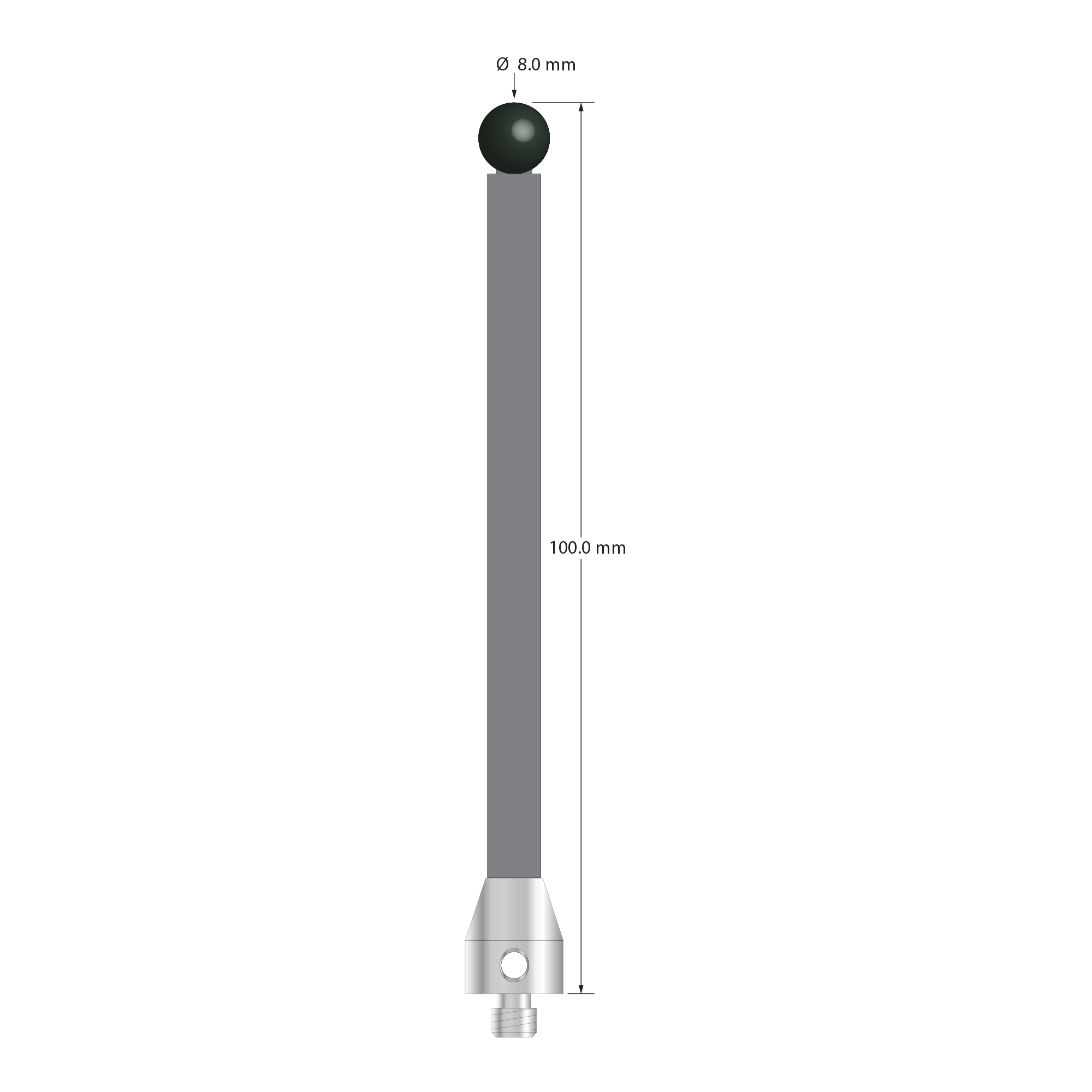 Low weight M5 stylus with 8.0 mm diameter silicon nitride ball, 6.0 mm diameter Therm-X carbon fiber stem, and 11.0 mm diameter x 13.0 mm long titanium base. Overall stylus length is 100.0 mm. Stylus weight is 7.90 grams. Compare to Zeiss 626105-0821-100.