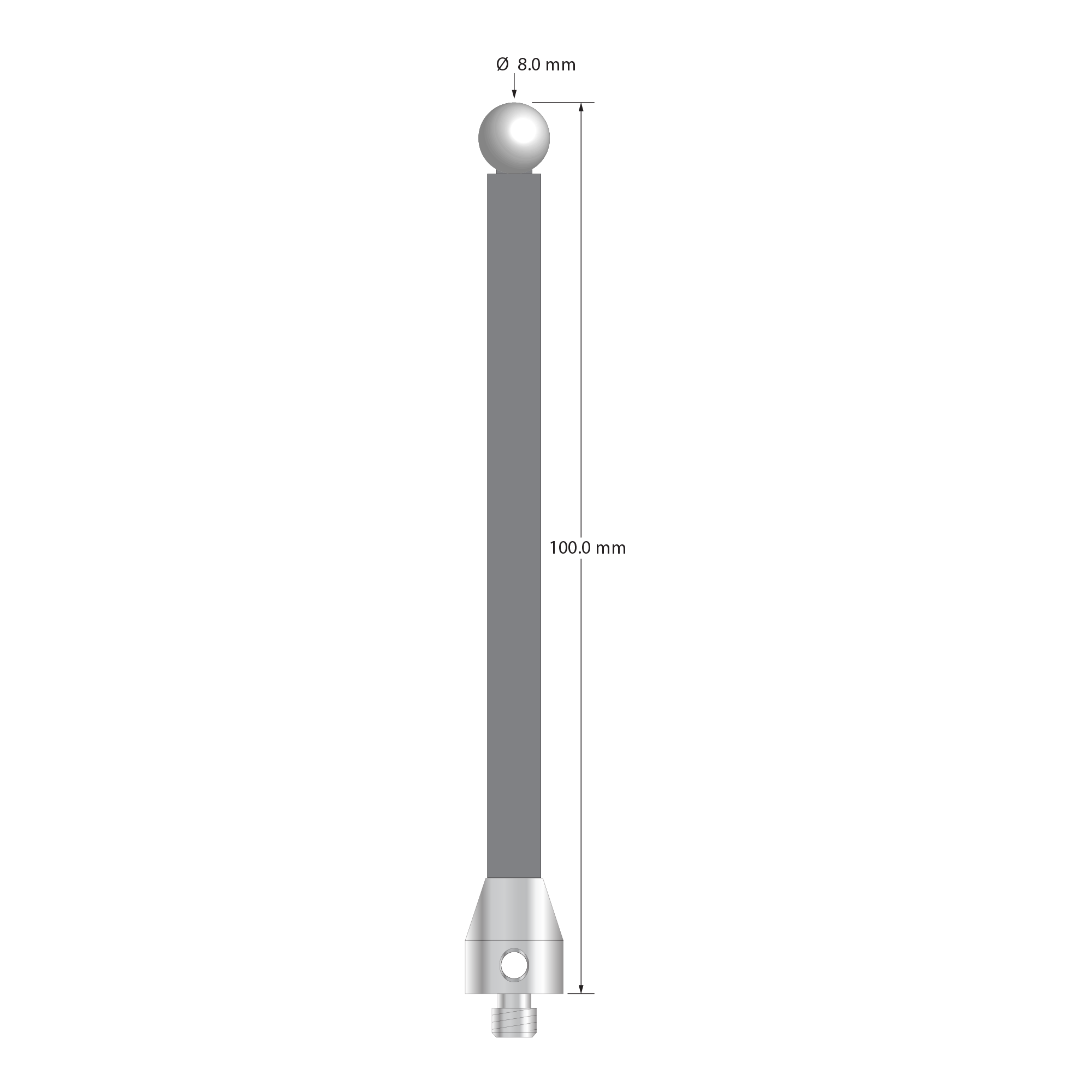 Low weight M5 stylus with 8.0 mm diameter zirconia ball, 6.0 mm diameter Therm-X carbon fiber stem, and 11.0 mm diameter x 13.0 mm long titanium base. Overall stylus length is 100.0 mm. Stylus weight is 7.90 grams.