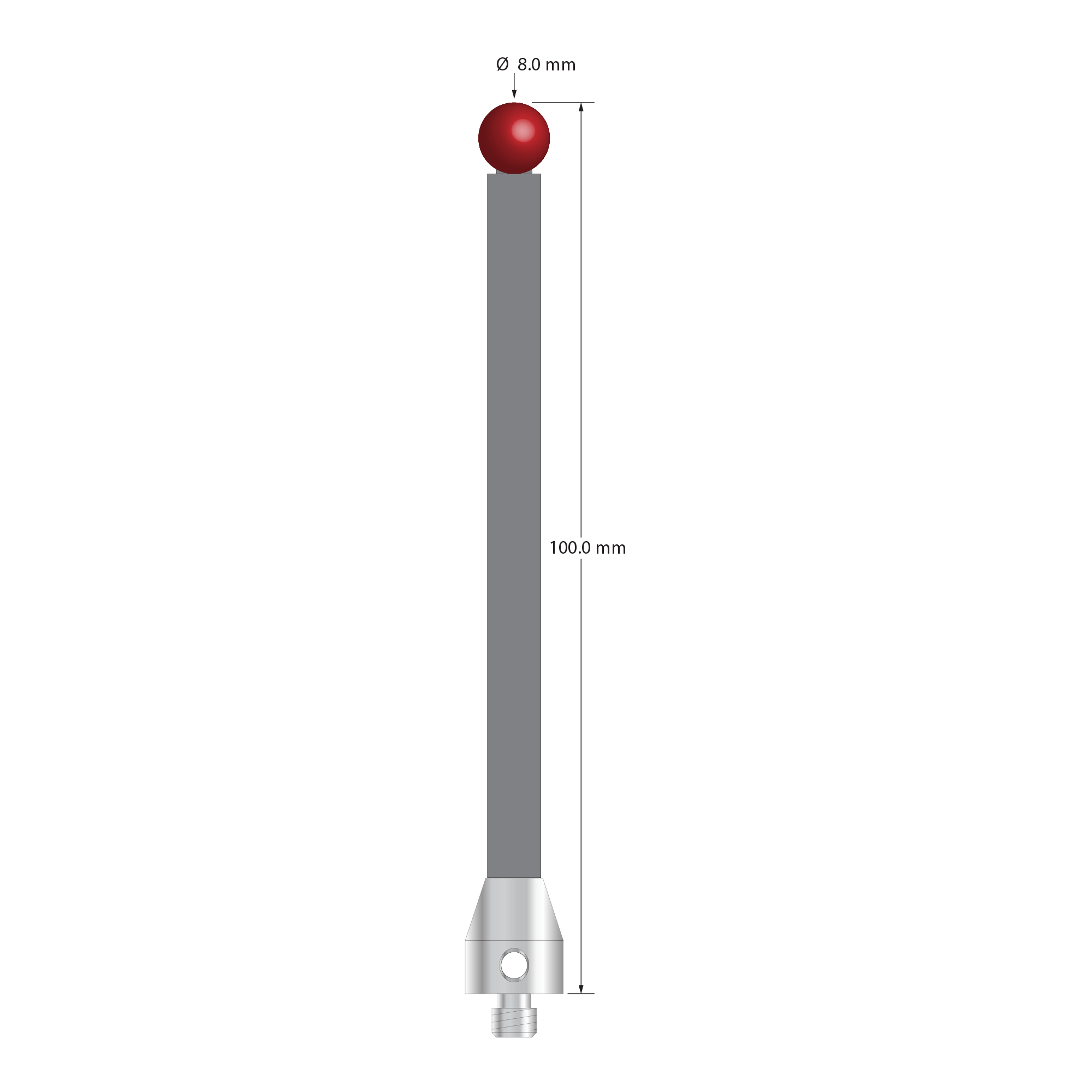 Low weight M5 stylus with 8.0 mm diameter ruby ball, 6.0 mm diameter Therm-X carbon fiber stem, and 11.0 mm diameter x 13.0 mm long titanium base. Overall stylus length is 100.0 mm. Stylus weight is 7.90 grams. Compare to Zeiss 626105-0820-100.