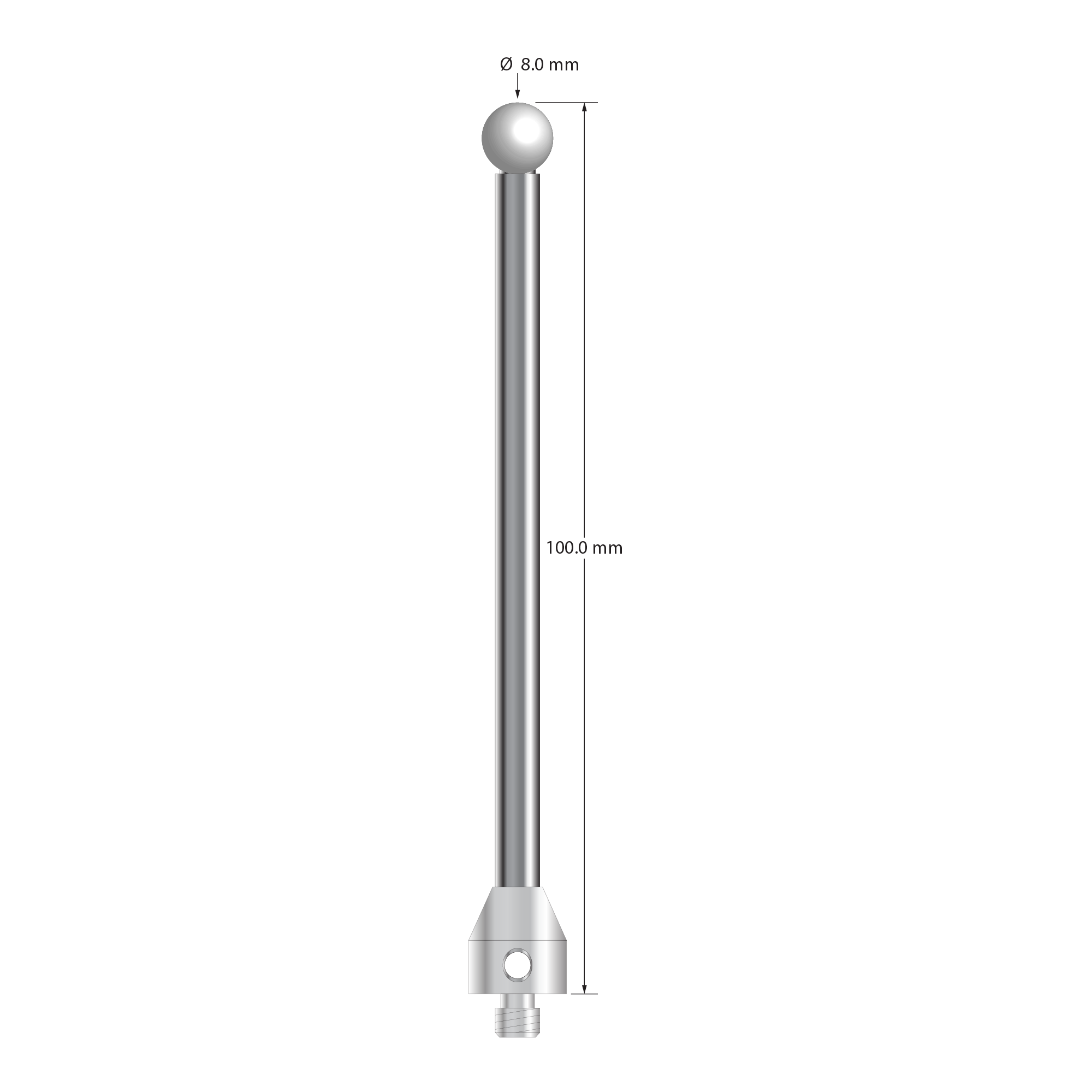 M5 stylus with 8.0 mm diameter zirconia ball, 5.0 mm diameter carbide stem, and 11.0 mm diameter x 12.0 mm long stainless steel base. Overall stylus length is 100.0 mm. Stylus weight is 30.35 grams.