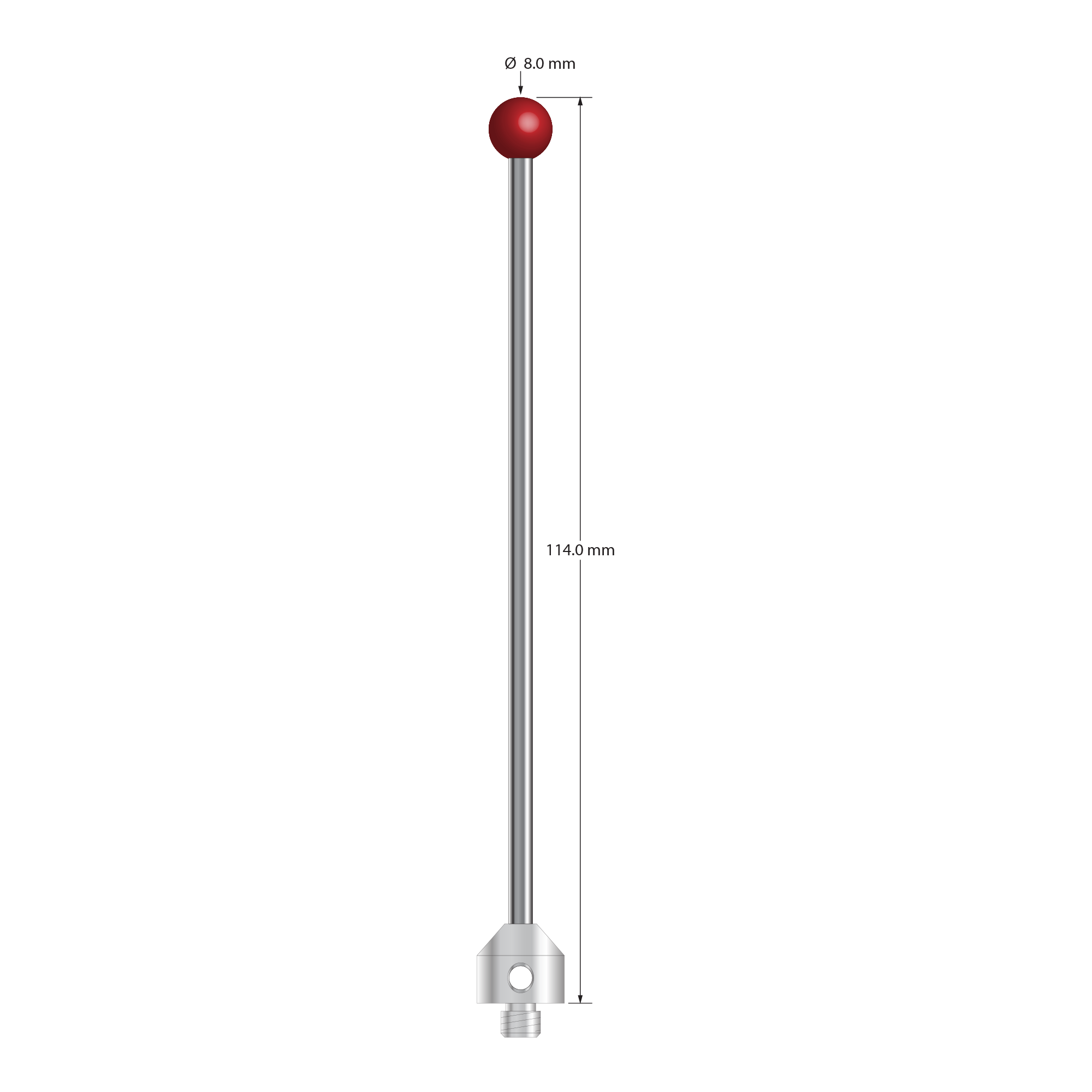 ATG-80114-DS3 M5 stylus with 8.0mm ruby ball, carbide stem, and stainless steel base, 114mm long.