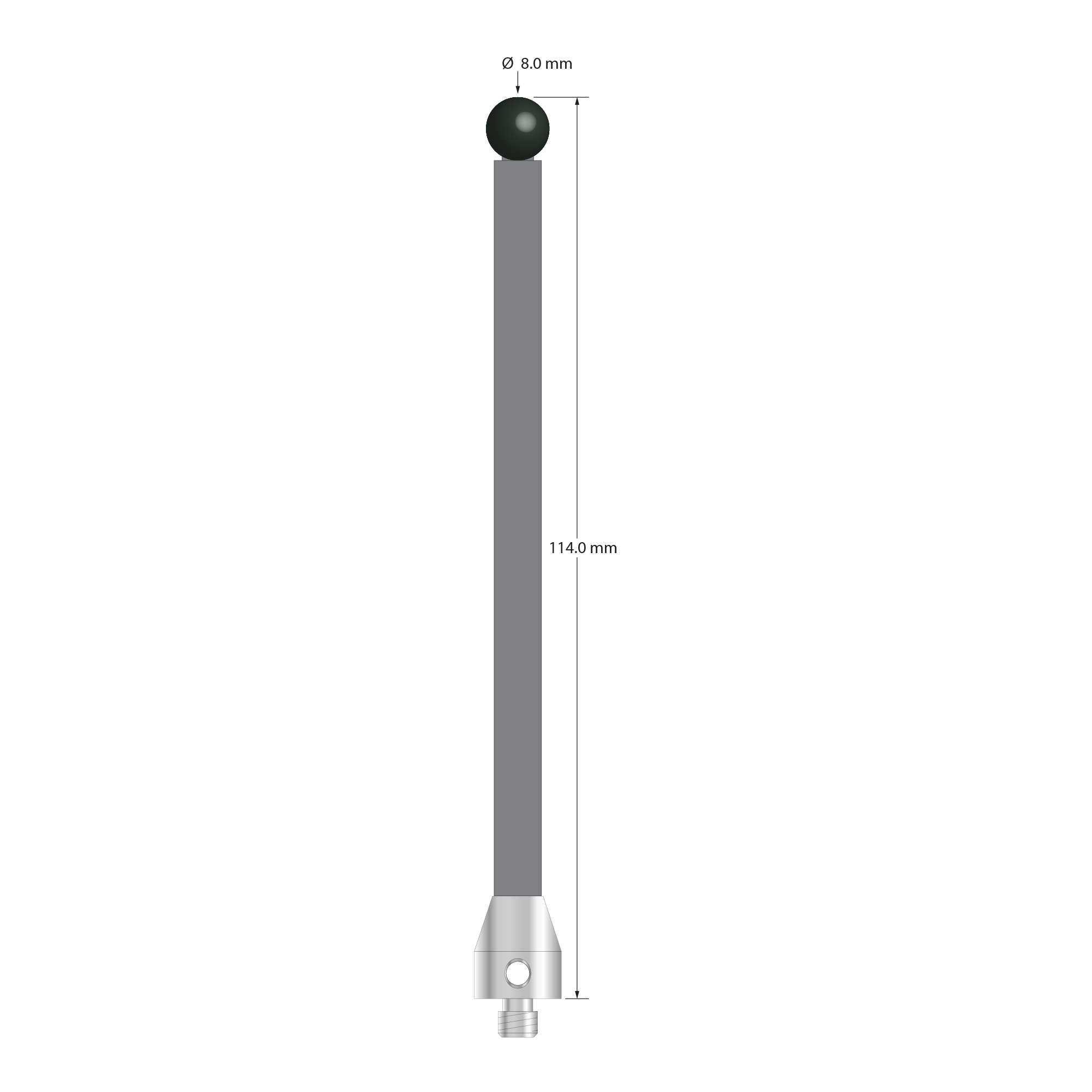 Low weight M5 stylus with 8.0 mm diameter silicon nitride ball, 6.0 mm diameter Therm-X carbon fiber stem, and 11.0 mm diameter x 13.0 mm long titanium base. Overall stylus length is 114.0 mm. Stylus weight is 8.51 grams. Compare to Zeiss 626105-0821-114.